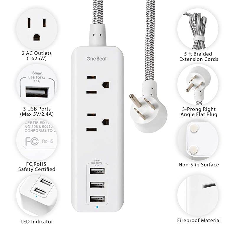 Strip with USB - 2 Outlets 3 USB Charging Ports(3.1A, 15W), Desktop Charging Station with 5 ft Braided Extension Cord, Flat Plug Travel Strip for Cruise, Home Office, ETL Listed