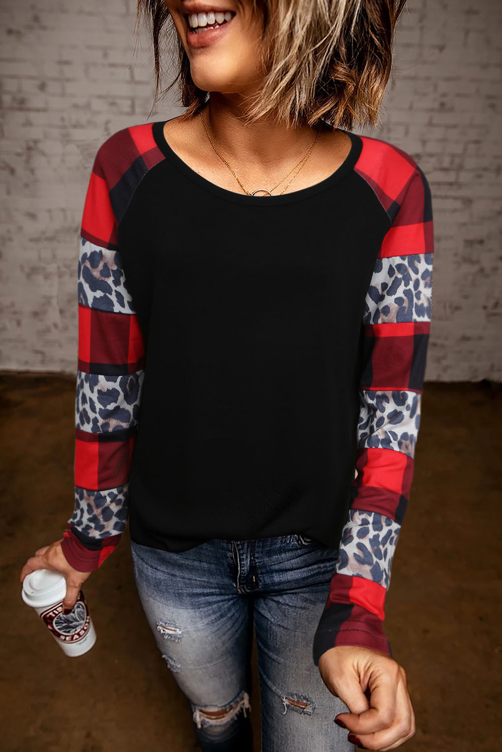 Blank Sweatshirt - Black Plaid Leopard Print Patchwork Long Sleeve Top Customized