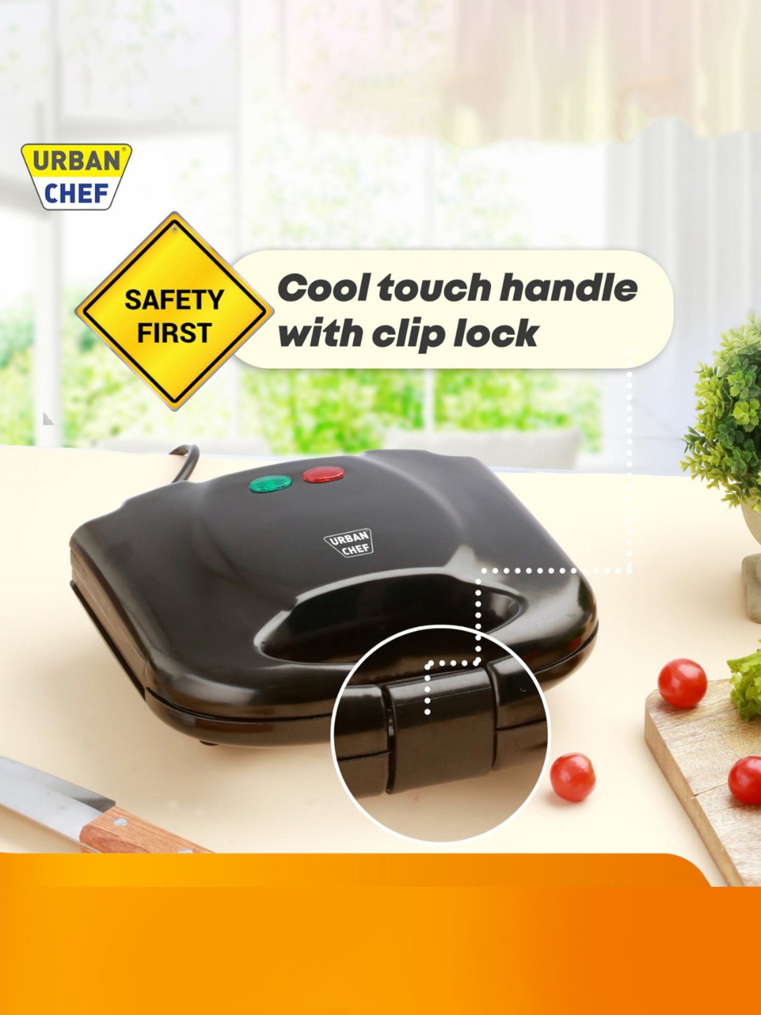 Urban Chef Sandwich Maker 750W with Non Stick Coating, Cool Touch (Black)