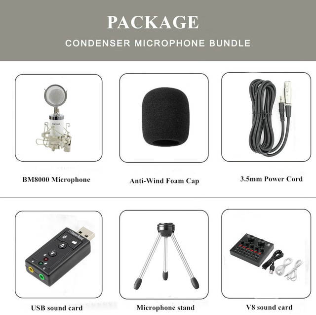 BM 8000 Condenser Wired Microphone Kit 3.5MM Recording Studio Mic With V8 Sound Card Pop Filter for KTV Karaoke Computer
