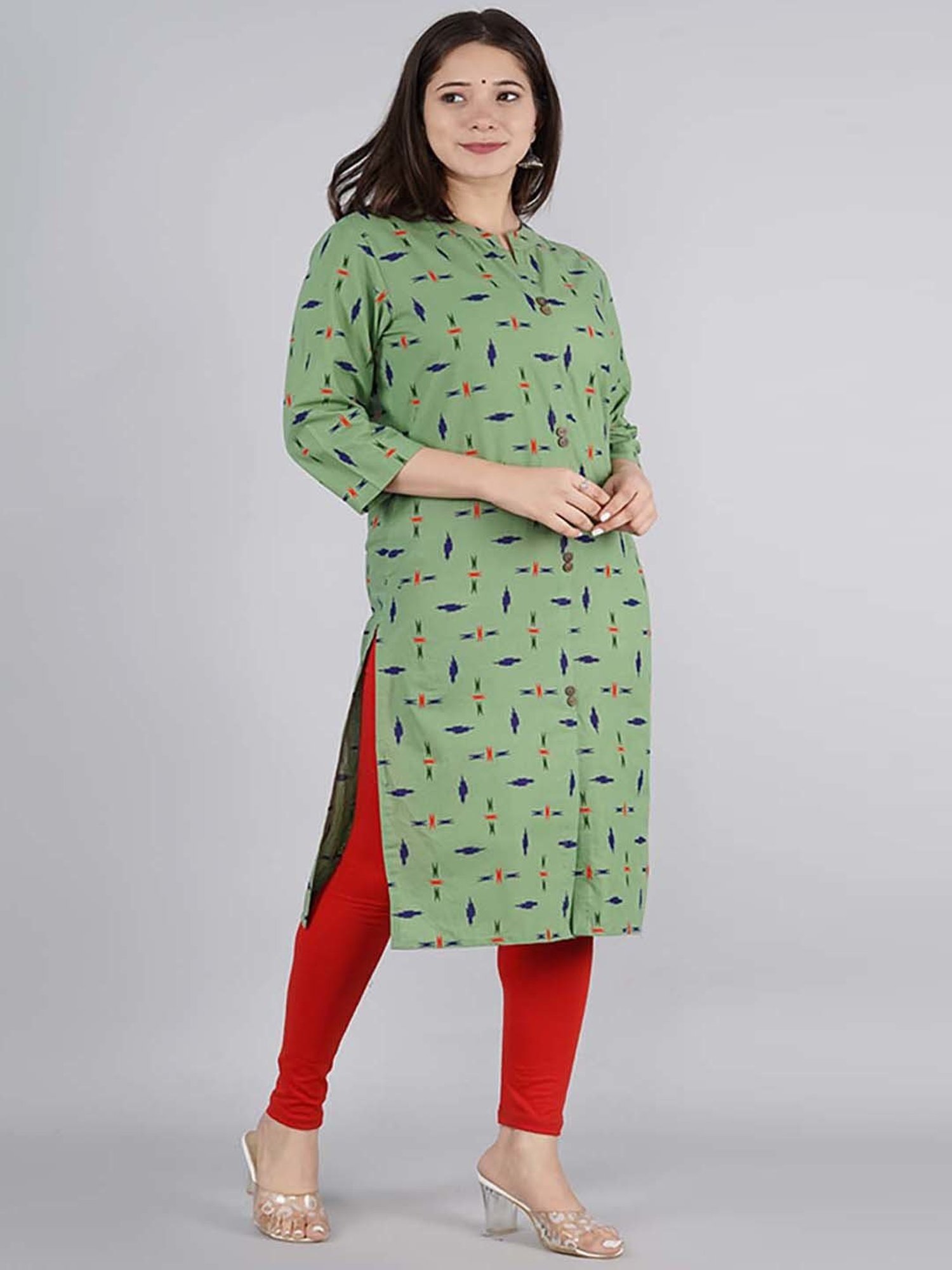 Kipek Green Cotton Printed Straight Kurta