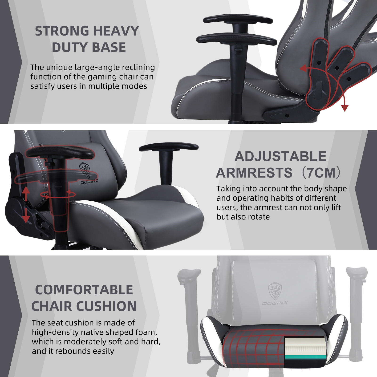 Dowinx Gaming Chair High Back Retro Style with Headrest and Massage Lumbar Support Office Chair with PU Leather Adjustable Swivel Ergonomic Computer Chair (Grey)