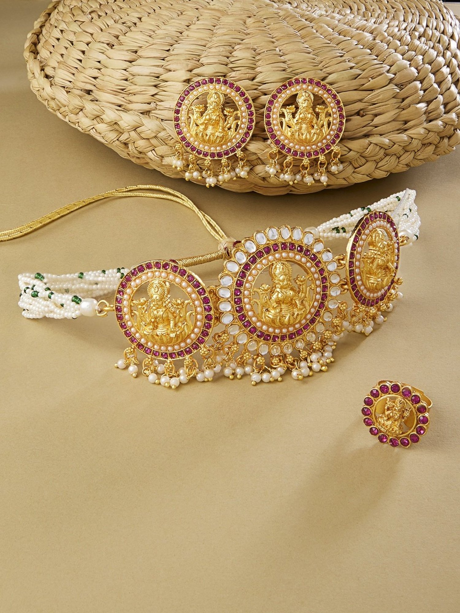 Zaveri Pearls Pinks Stones Goddess Laxmi Temple Necklace, Earring & Ring Set