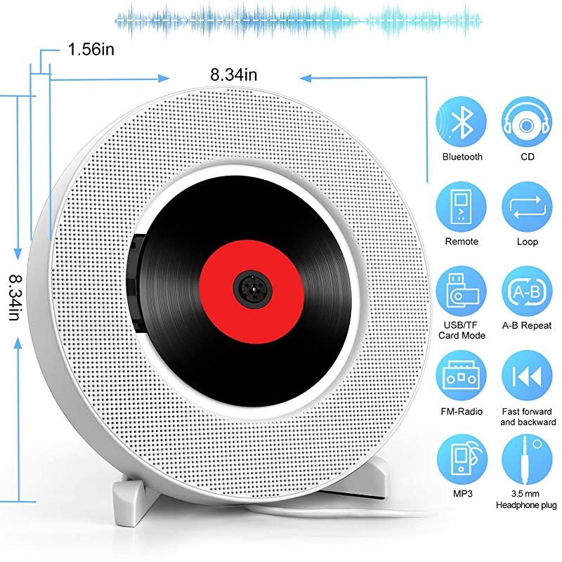 CD Player with Bluetooth, Wall Mountable CD Music Player Home Audio Boombox with Remote Control FM Radio Built-in HiFi Speakers, MP3 Headphone Jack AUX Input Output with Pull Switch