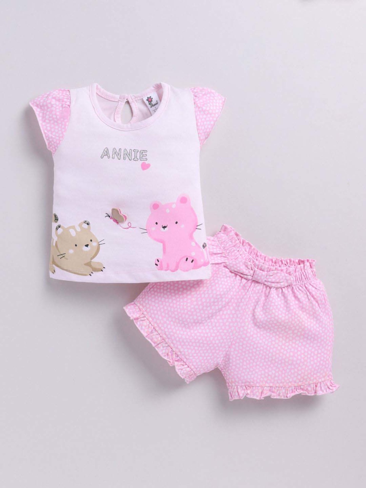 ANNIE Girls Pink Cotton Printed Top & Short sets
