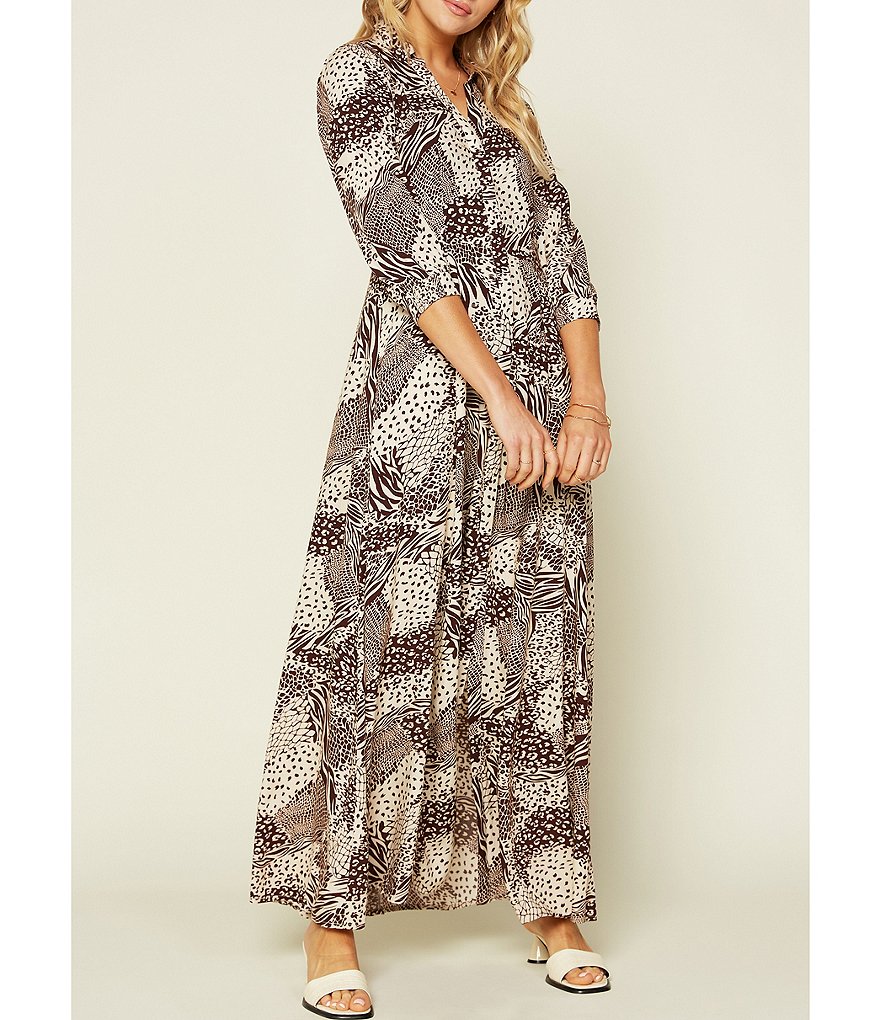 Skies Are Blue Animal Patchwork Print 3/4 Sleeve Maxi Shirt Dress