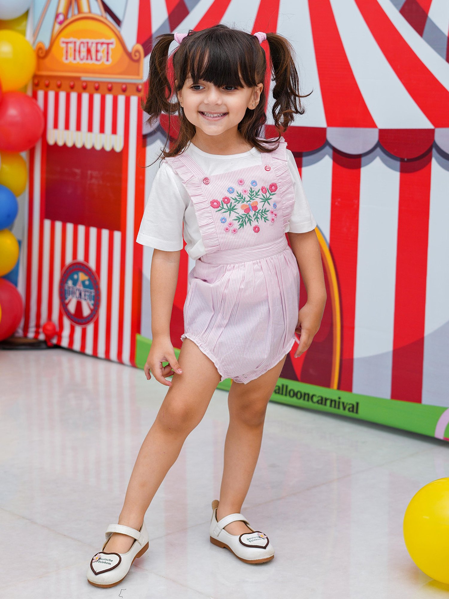 Budding Bees Kids Pink & White Embroidered T-Shirt with Romper