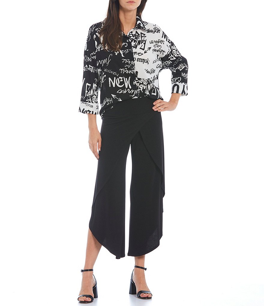 IC Collection Colorblock Graffiti Print 3/4 Sleeve Point Collar Crepe Button-Front Top