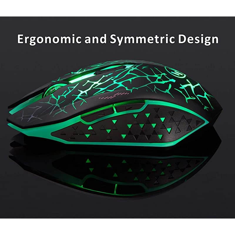 K6 Wireless Gaming Mouse, Rechargeable Silent LED Optical Computer Mice with USB Receiver, 3 Adjustable DPI Level and 6 Buttons, Auto Sleeping Compatible Laptop/PC/Notebook (Green Light)