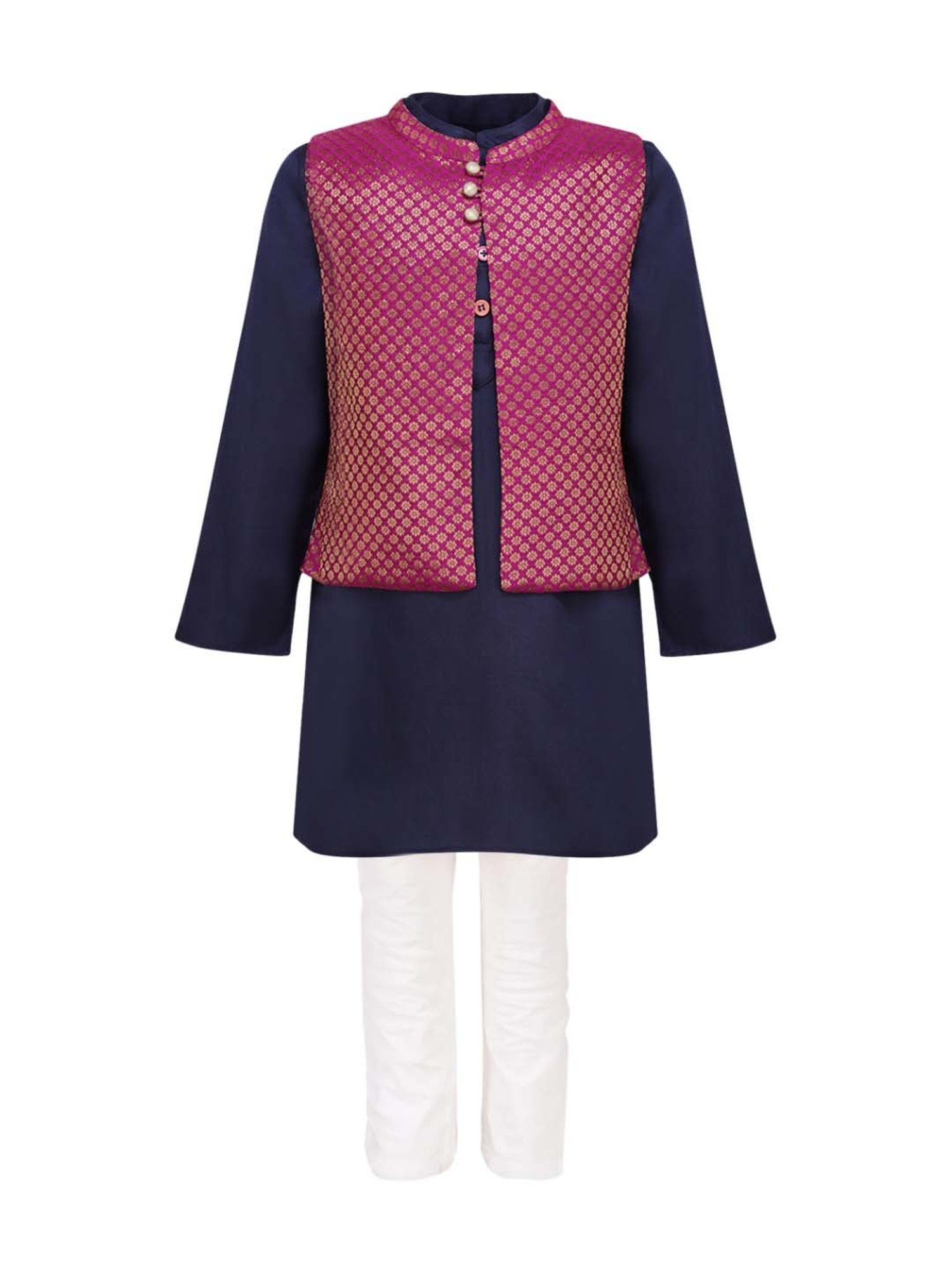 A Little Fable Kids Navy & White Full Sleeves Kurta Set