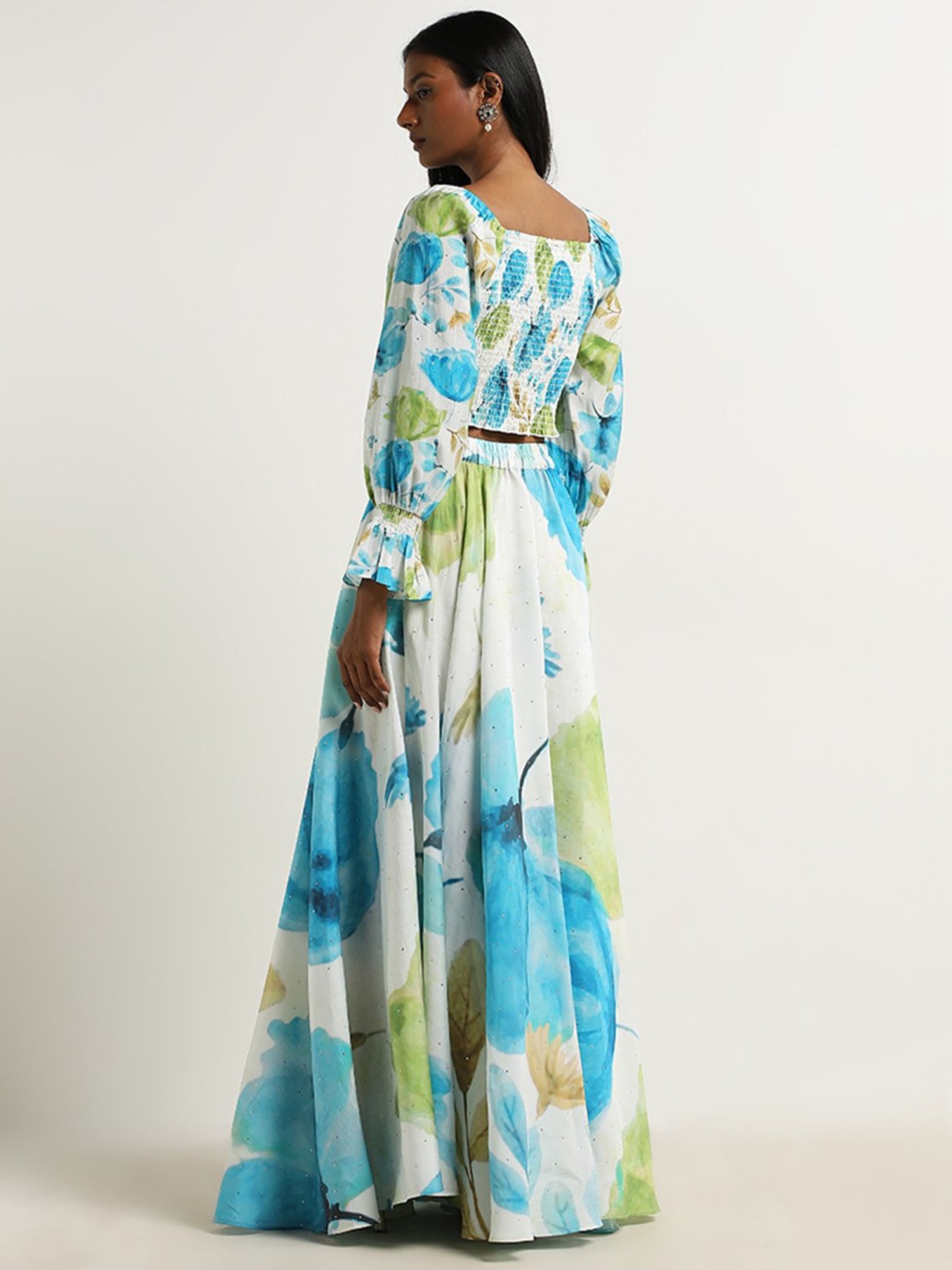 Vark by Westside Blue Floral Smocked Top with Mid-Rise Skirt Set