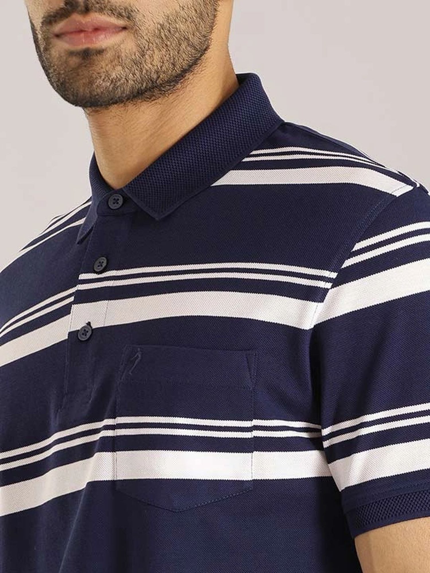 Indian Terrain Peacoat Regular Fit Striped Polo T-Shirt