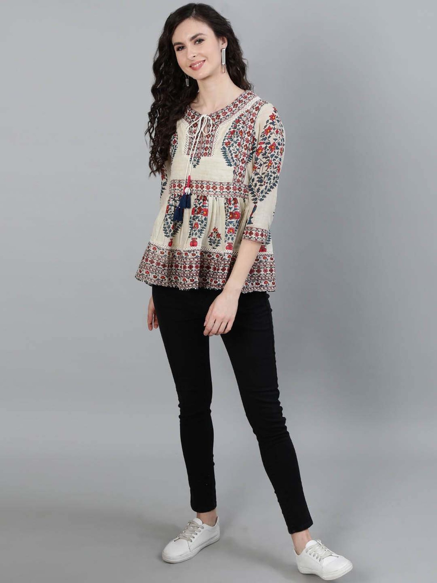 Ishin Beige Pure Cotton Embellished Top