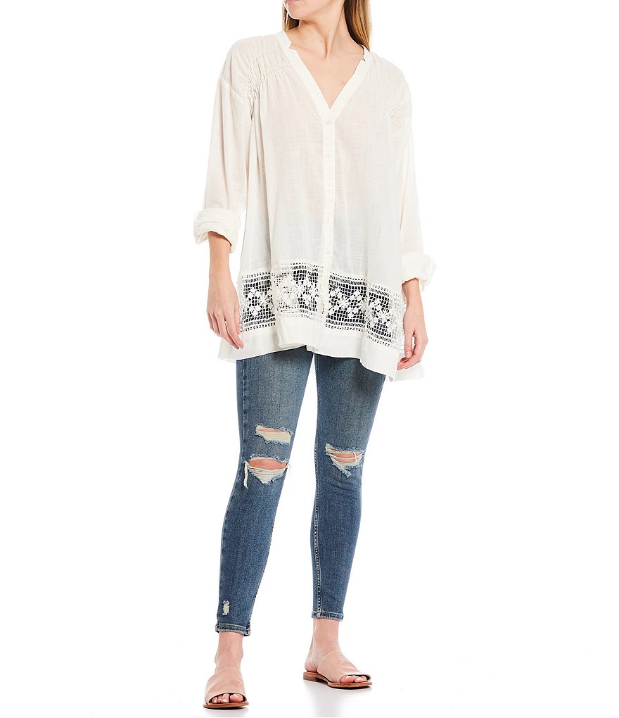 Free People Green Gardens Banded Notch Neckline Roll-Tab Sleeve Lace Hem Button Front Tunic