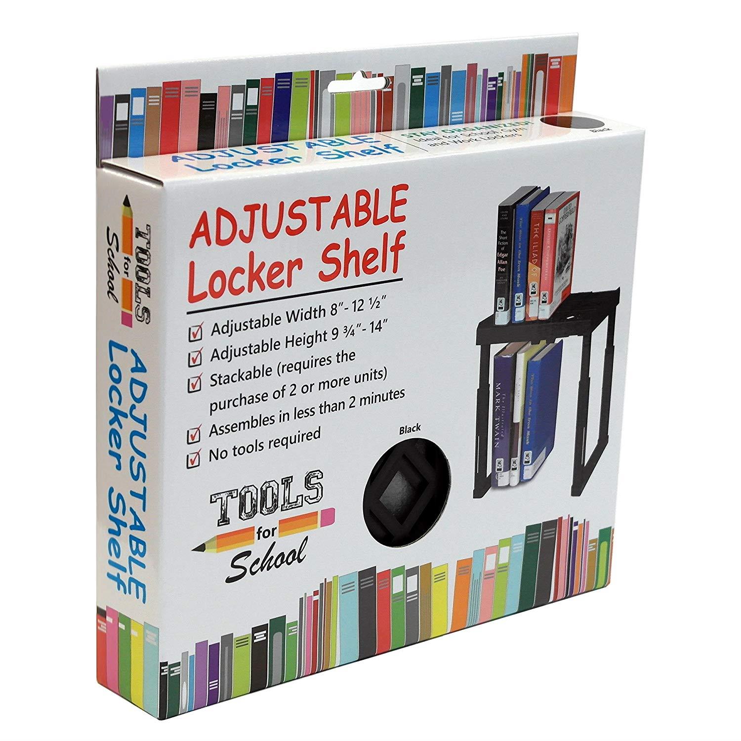 Tools for School Locker Shelf. Adjustable Height 9 3/4" to 14" and Width 8" to 12 1/2". Stackable and Heavy Duty. Holds 40 lbs. per Shelf (Single, Black)