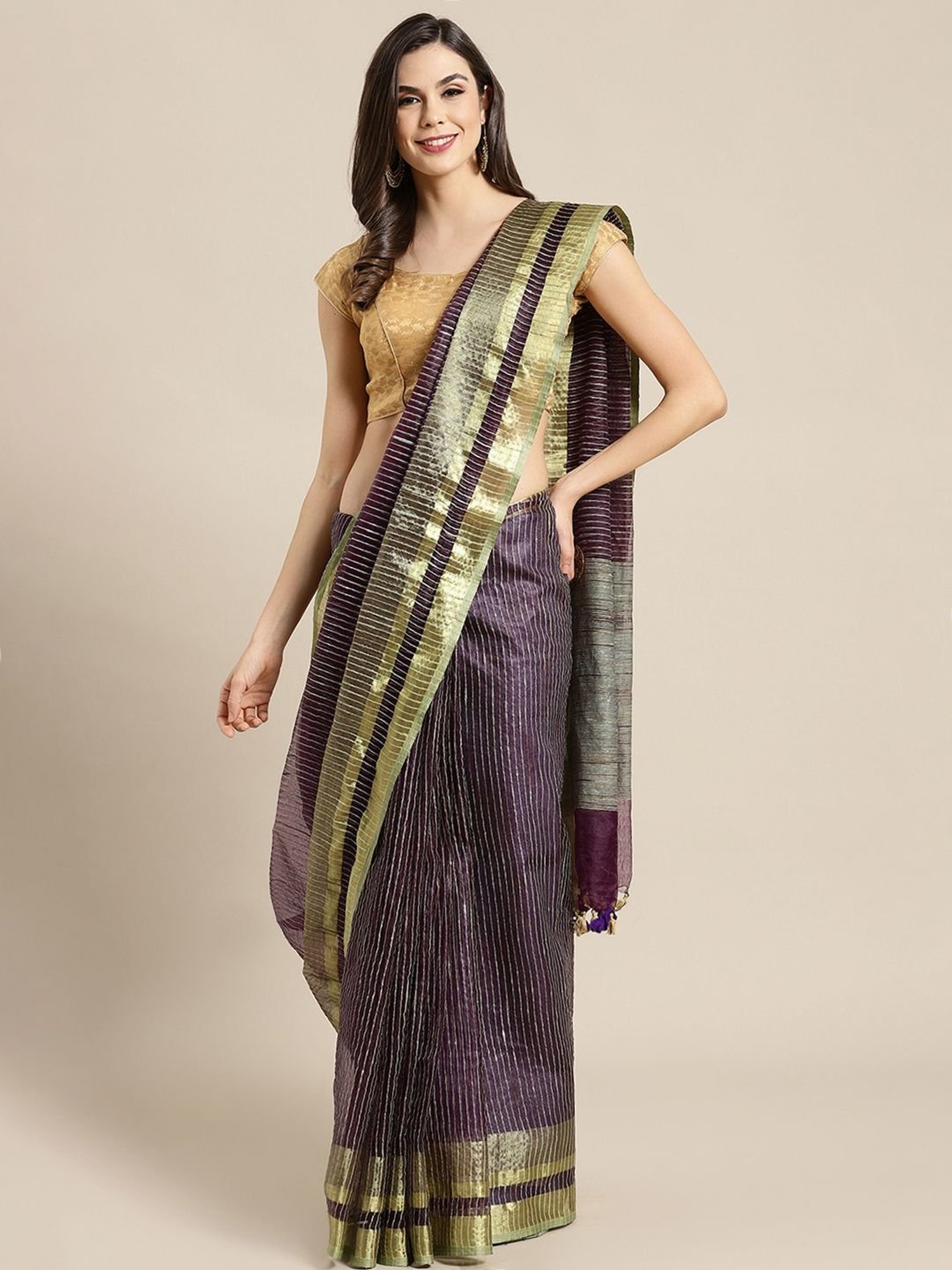 Kalakari India Purple Embroidered Saree With Unstitched Blouse