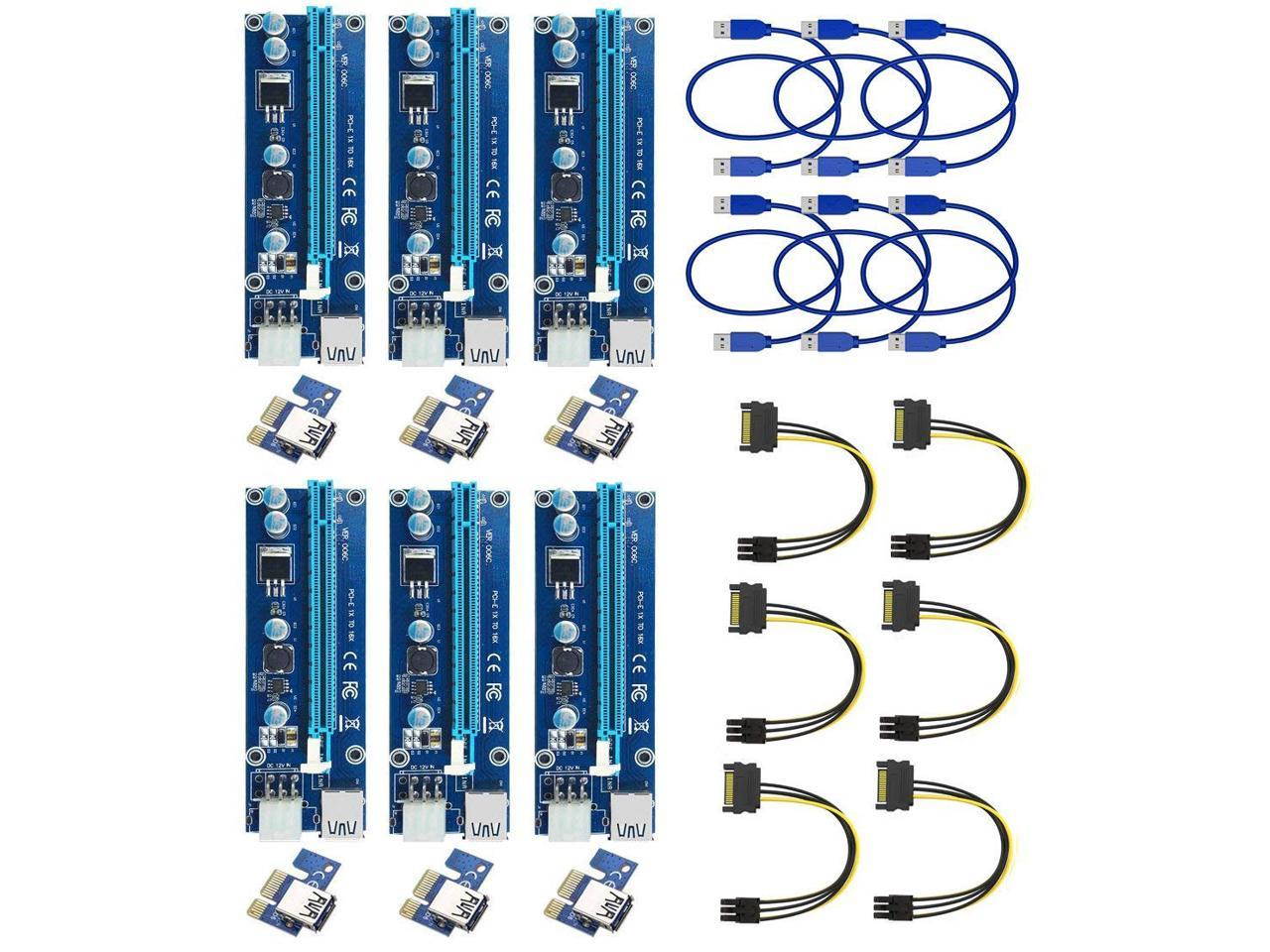 PCI-E Riser for Bitcoin-Litecoin-ETH Coin PCIe VER006C 6 PIN 16x to 1x Powered Riser Adapter Card 6-Pin PCI-E to SATA Power Cable-GPU Riser Adapter-Ethereum Mining ETH (6 PCS)