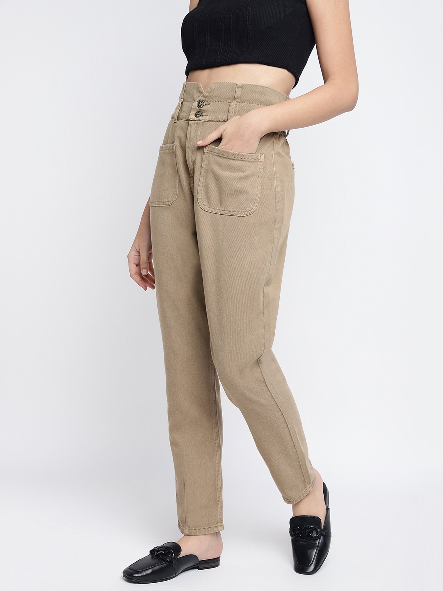 Tales & Stories Khaki Regular Fit High Rise Jeans
