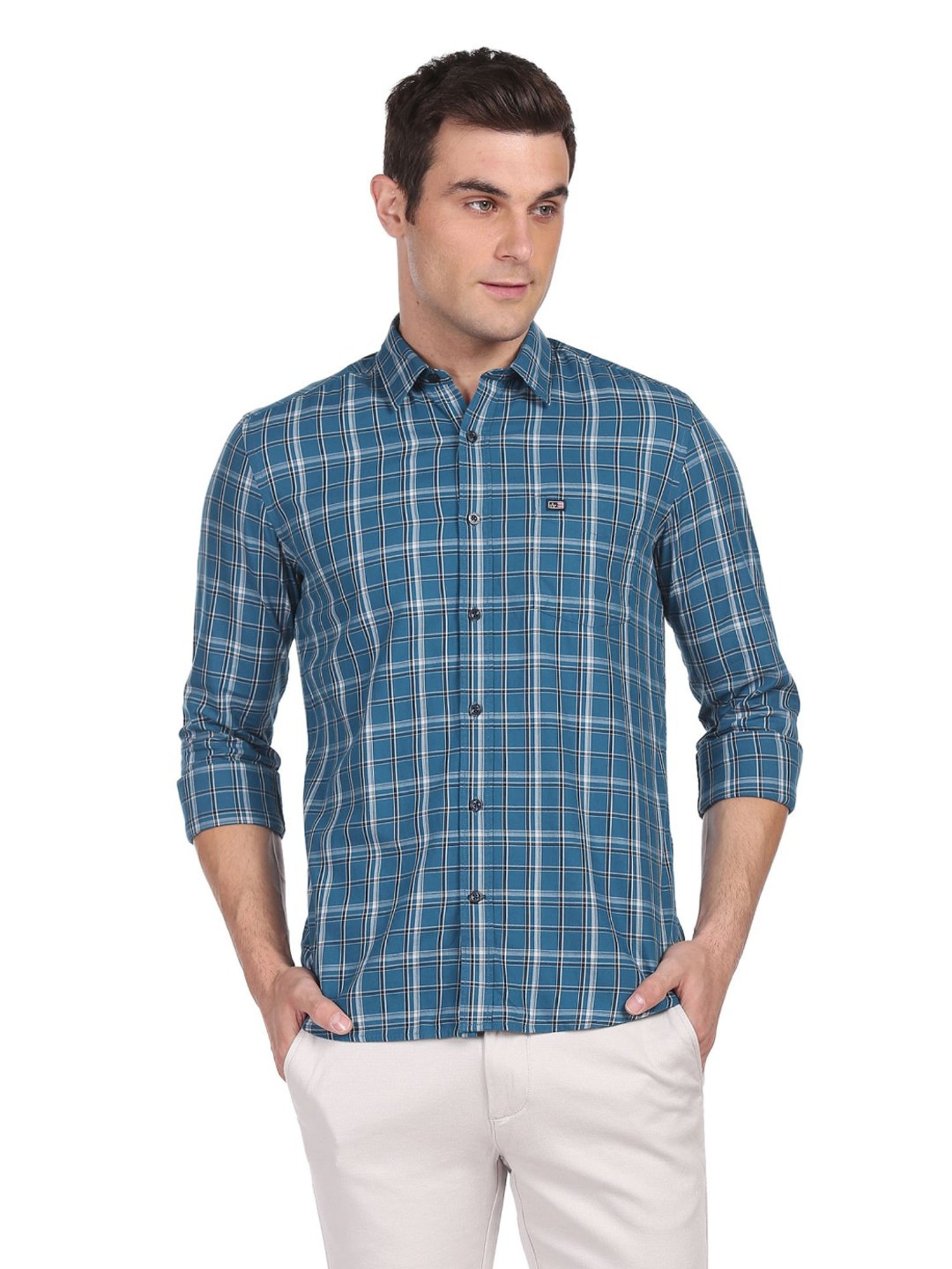 Arrow Blue Cotton Slim Fit Checks Shirt