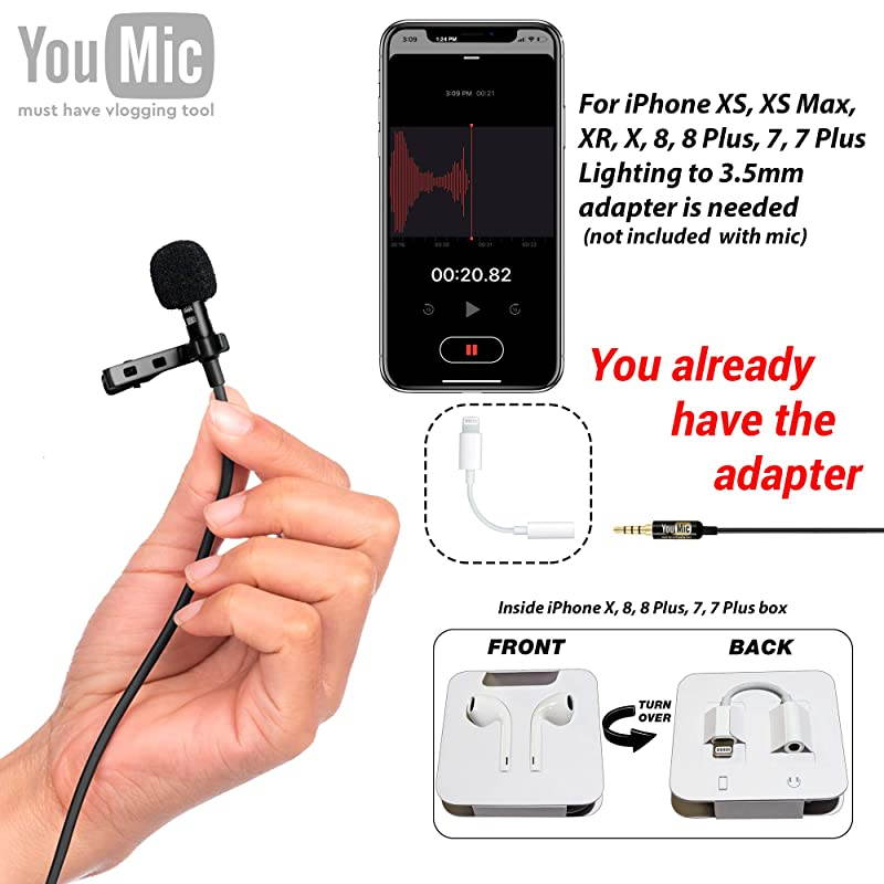 Lapel Microphone Omnidirectional Mic with Easy Clip On System Perfect for Recording Youtube Interview Video Conference Podcast Voice Dictation iPhone
