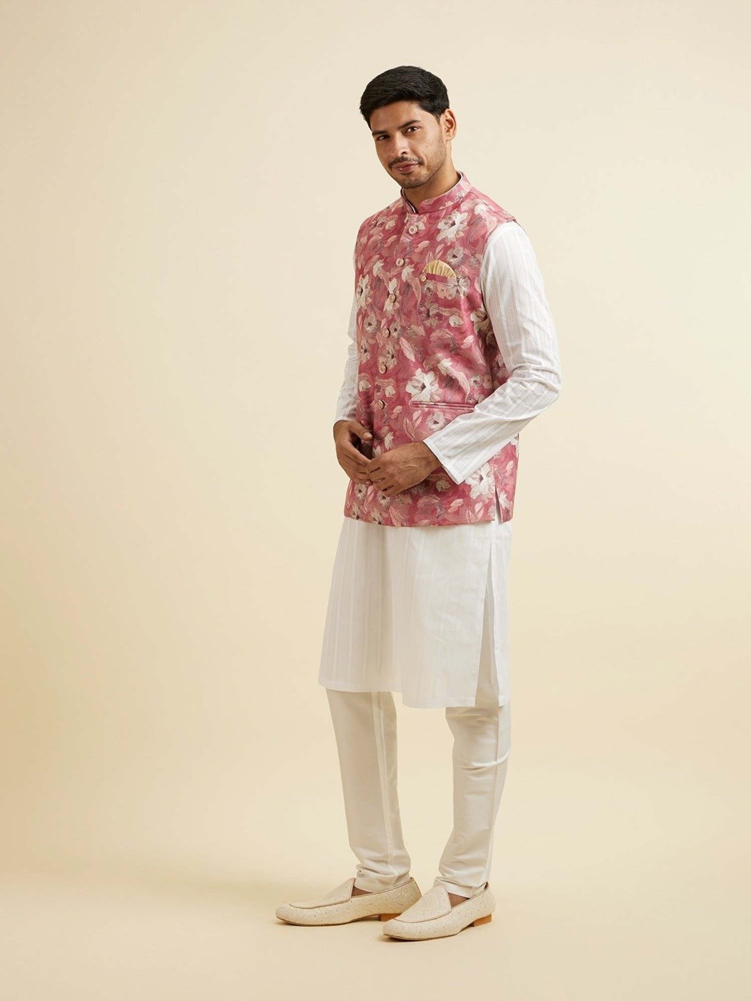 Manyavar Pink Regular Fit Printed Nehru Jacket