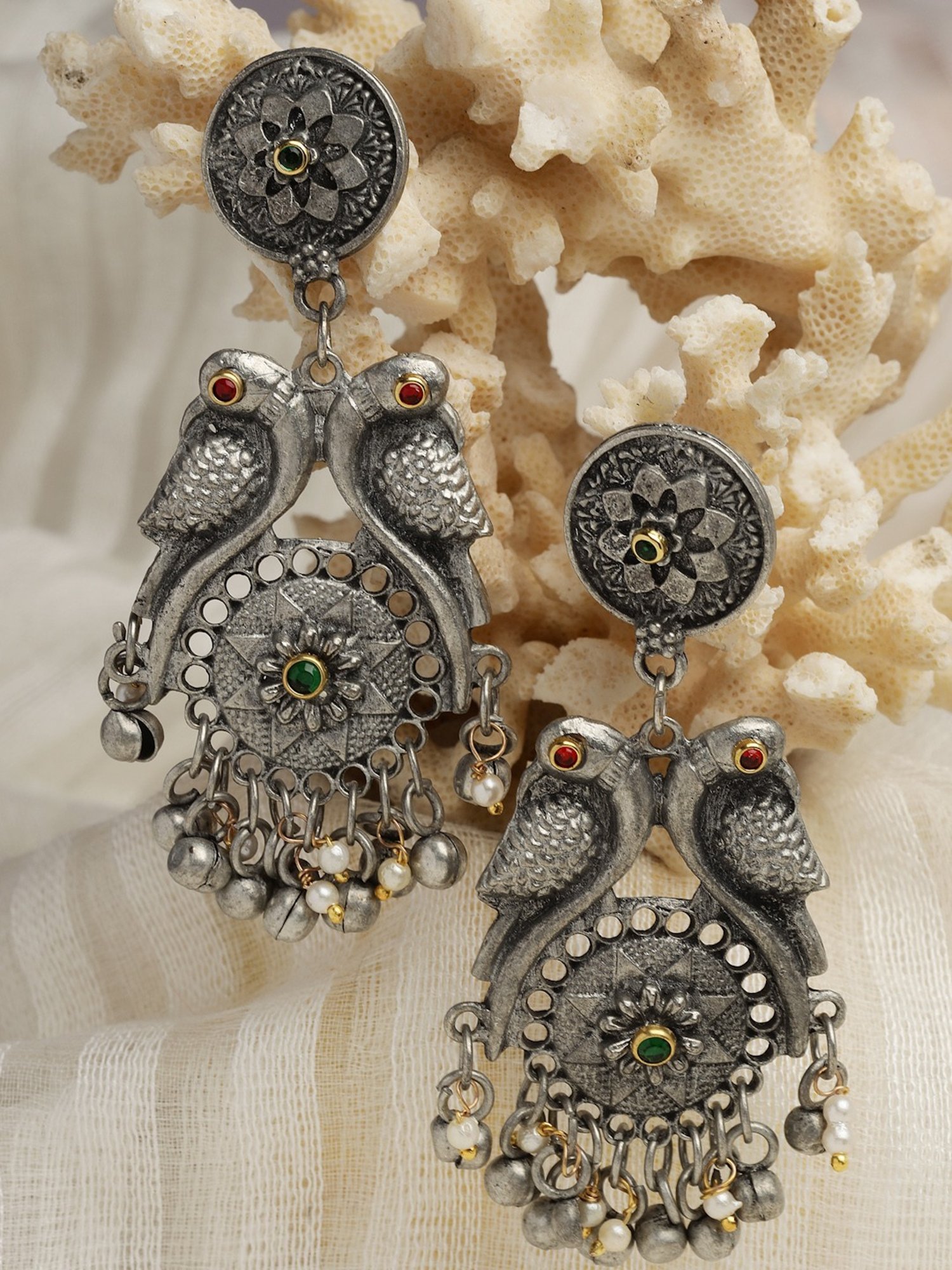 Moedbuille Crystal Ghungroo & Pearl Studded Peacock Design Silver-Plated Antique Dangler Earrings