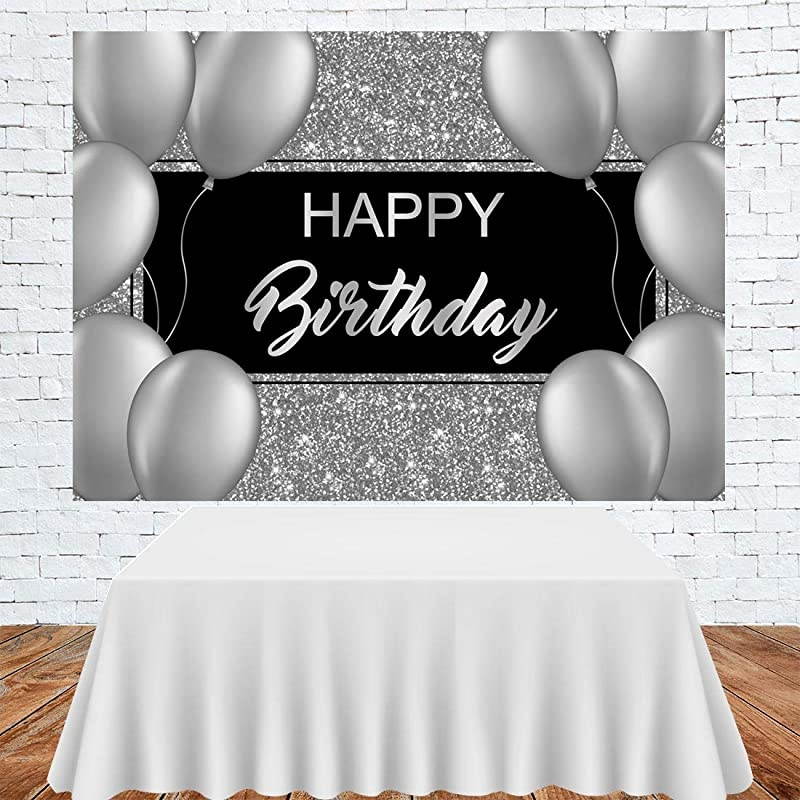 Birthday Backdrop Shinning Sliver and Gery Balloons Birthday Photography Background Black Birthday Party Decorations Supplies Photo Booth Props Banner 7x5ft