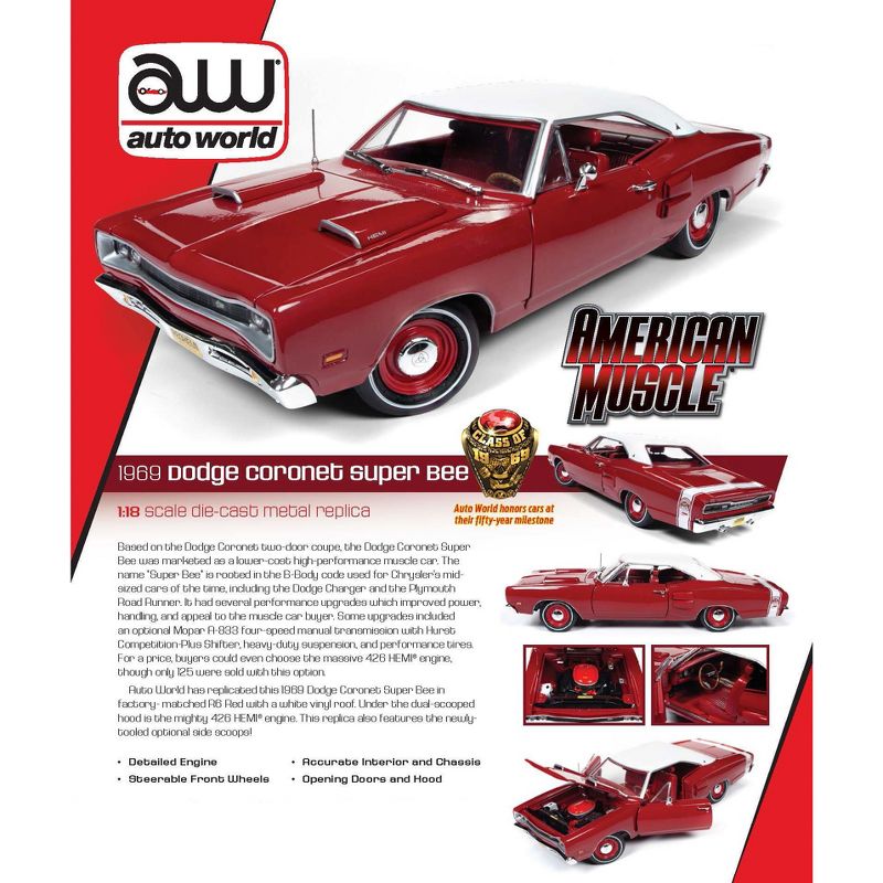 1969 Dodge Super Bee Hardtop Dark R6 Red with White Top "Class of 1969" 1/18 Diecast Model Car by Autoworld