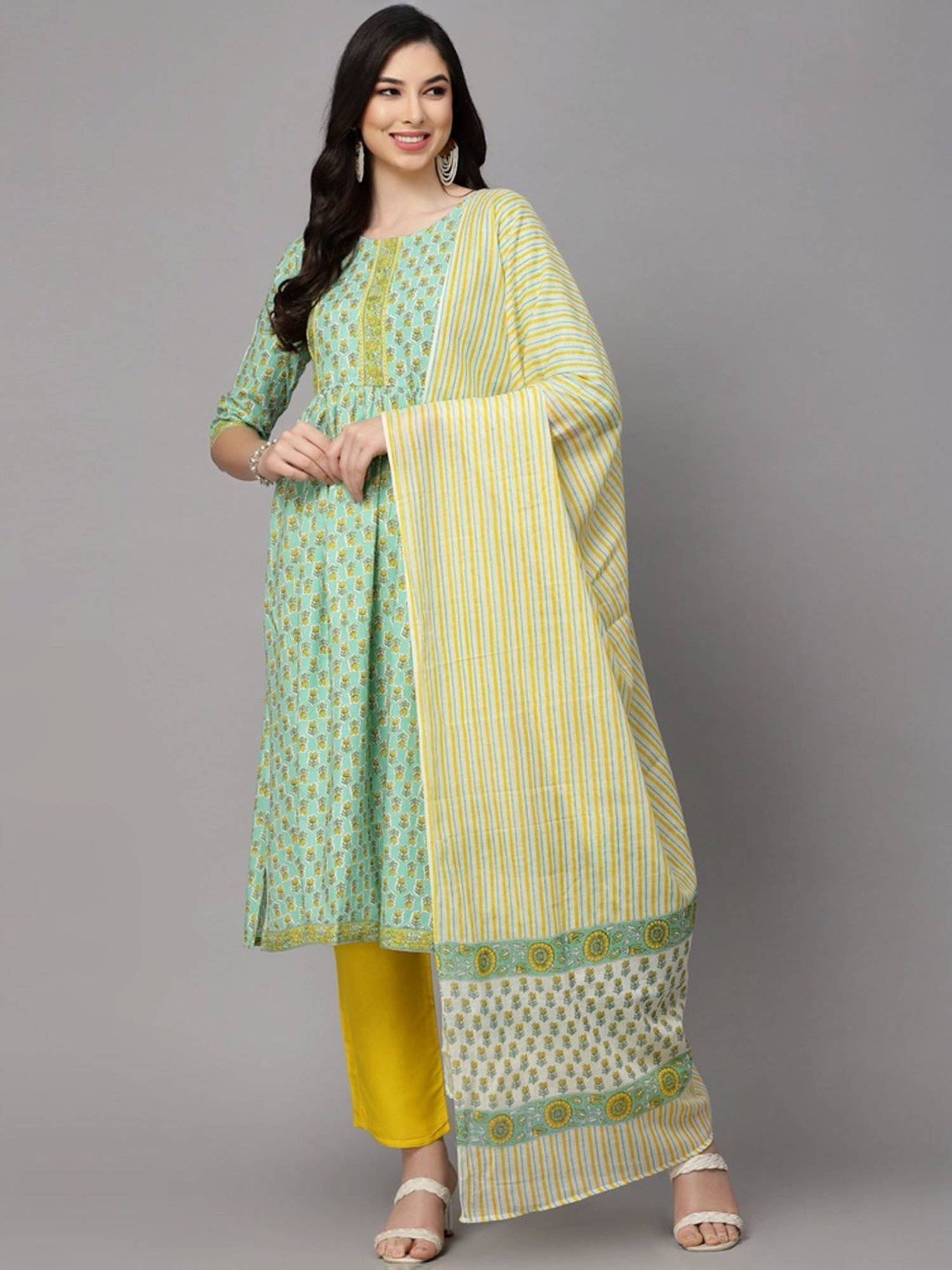 Stylum Sea Green & Yellow Floral Print Kurta & Pant Set With Dupatta