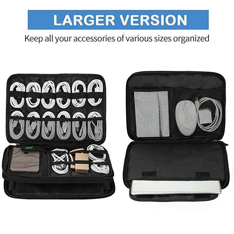 Electronics Organizer,  Electronic Accessories Cable Organizer Bag Waterproof Travel Cable Storage Bag for Charging Cable, Power Bank, iPad (Up to 11'') and More-Large(Black and Blue)