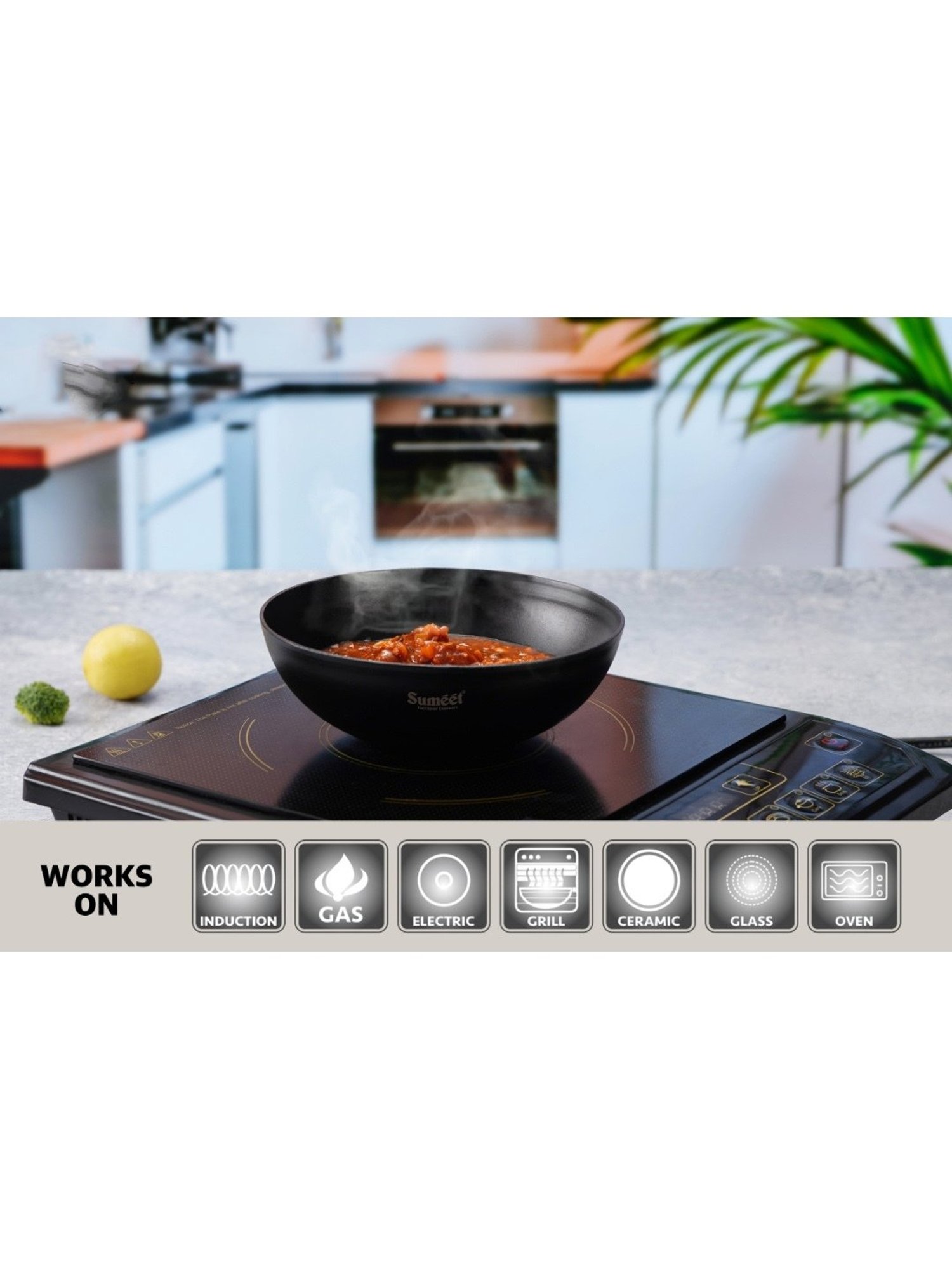 Sumeet Pre Seasoned Carbon Steel (Iron) Deep Tasra for Frying|17.3cm-950ml, Gas & Induction-Friendly