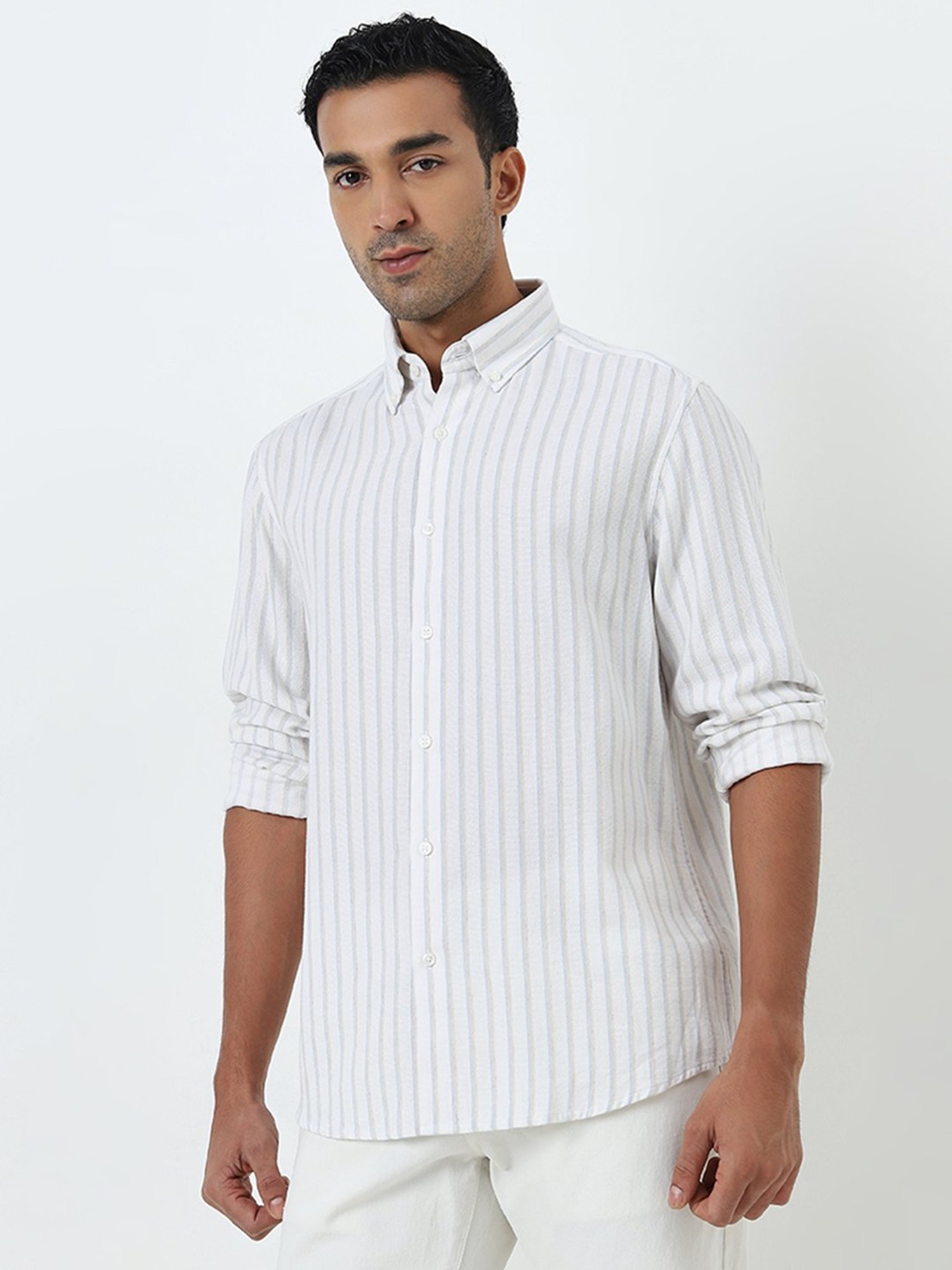 Ascot by Westside Off-White Stripe Print Relaxed-Fit Cotton Blend Shirt