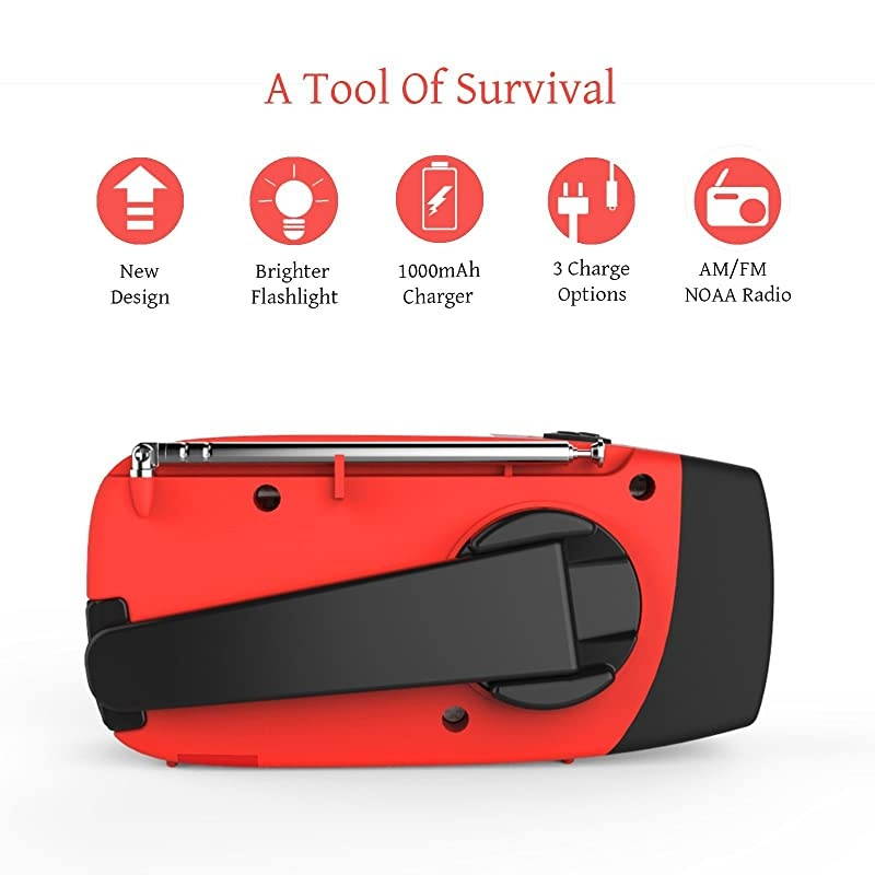 Upgraded Version  Emergency Hand Crank Self Powered AMFM NOAA Solar Weather Radio with LED Flashlight 1000mAh Power Bank for iPhoneSmart Phone