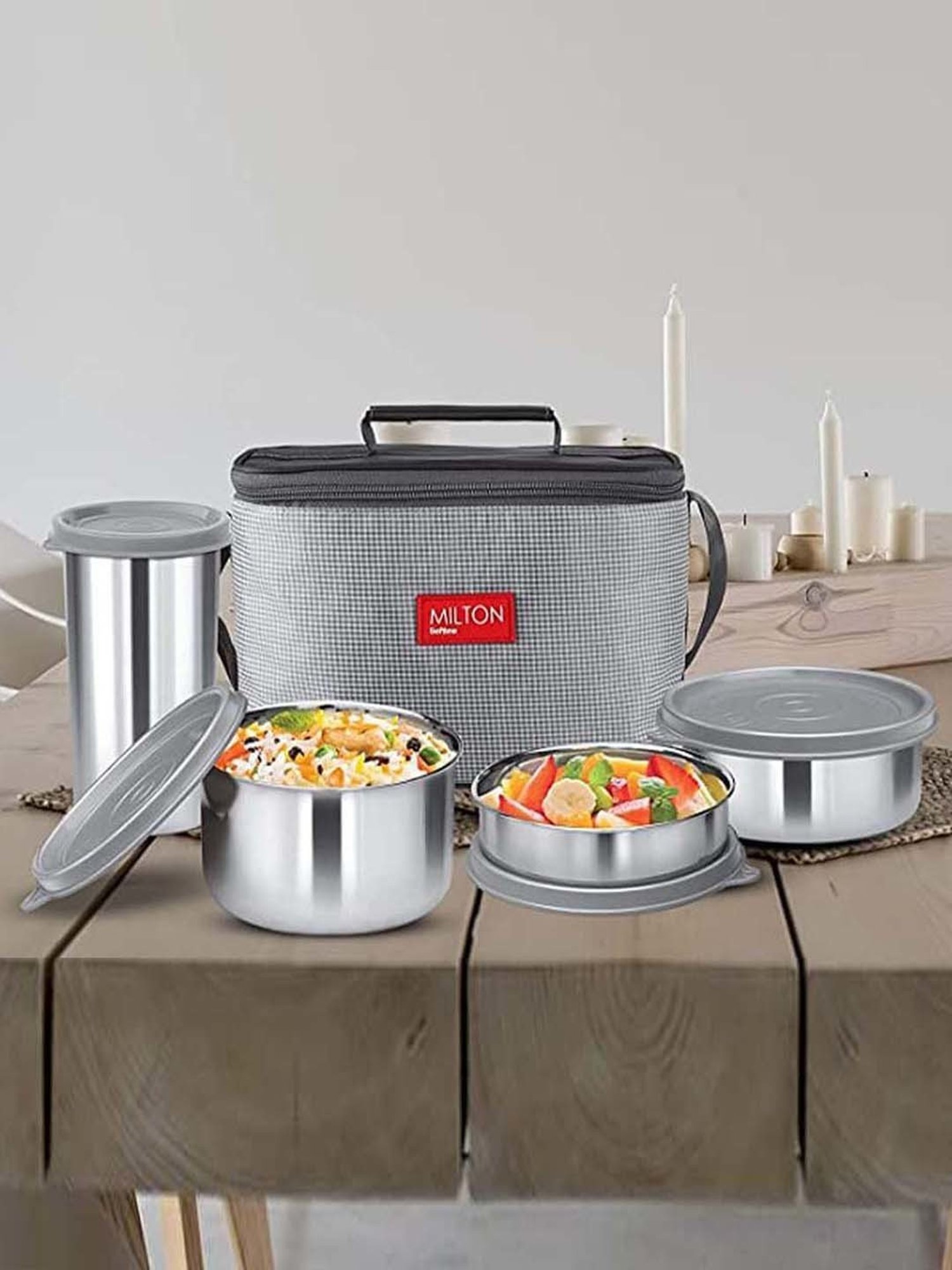 Milton Grey Stainless Steel Lunch Box Set with Tumbler & Bag