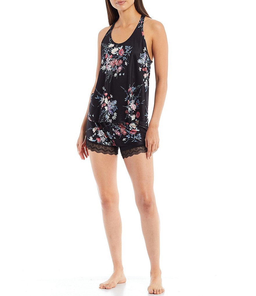 Flora Nikrooz Stephanie Floral Print Knit Scoop Neck Cami Lace Trim Short Pajama Set