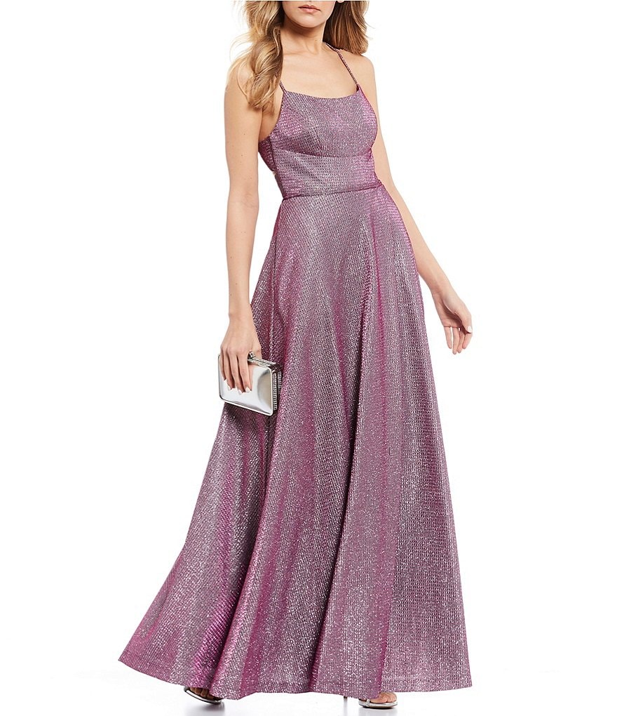 Morgan & Co. Spaghetti Strap Square-Neck Shimmer Ball Gown