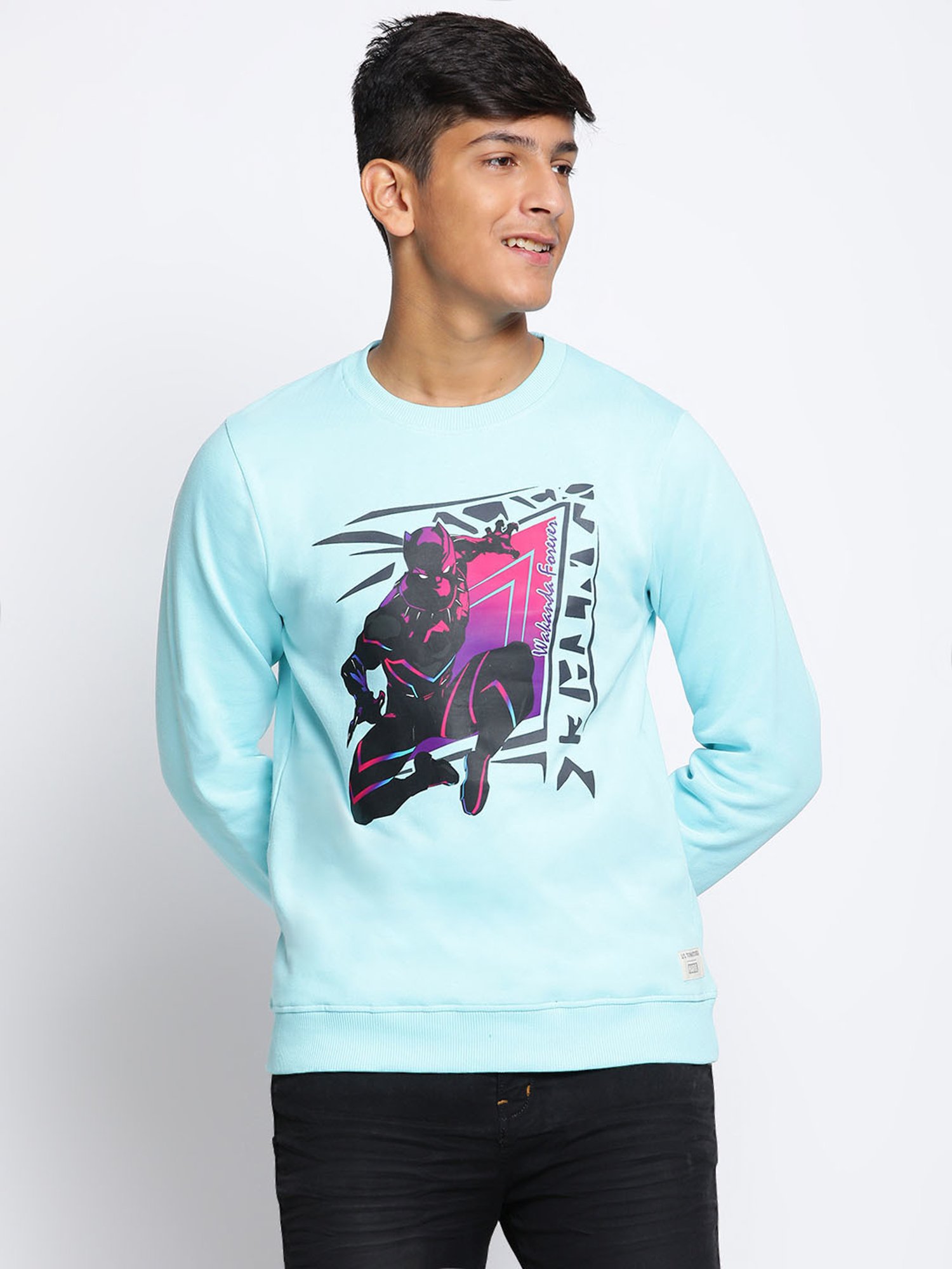 Lil Tomatoes Kids Sky Blue Black Panther Print Full Sleeves Sweatshirt