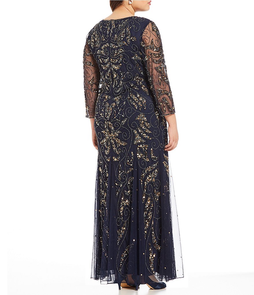 Pisarro Nights Plus Size 3/4 Sleeve Round Neck Beaded Gown