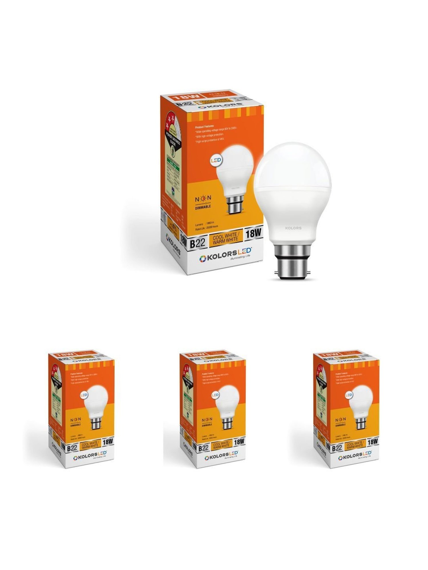 KOLORS Keeto Bulb B22 6500K 18W Pack of 4 - Cool White