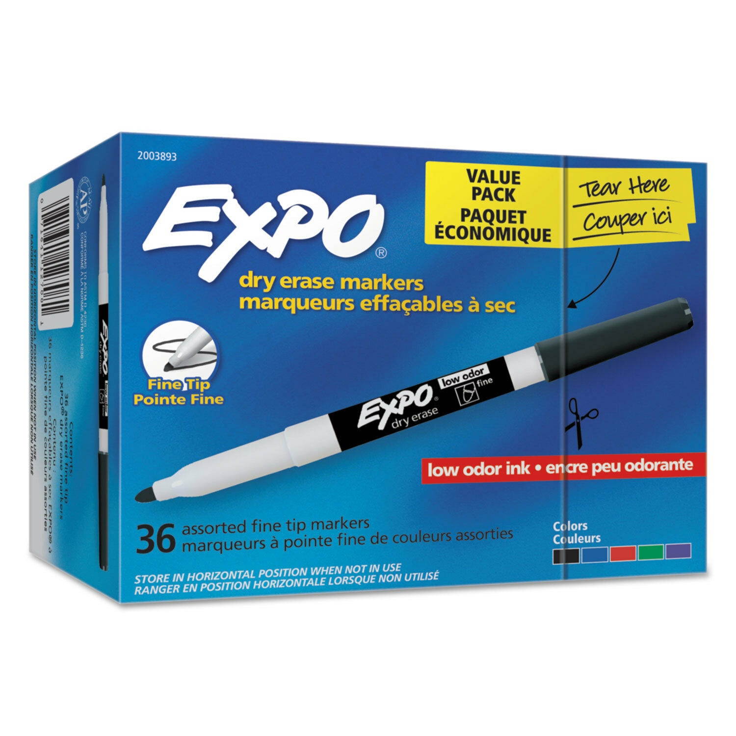 EXPO Low Odor Dry Erase Markers Fine Tip - Office Pack Assorted Colors 36/Pack