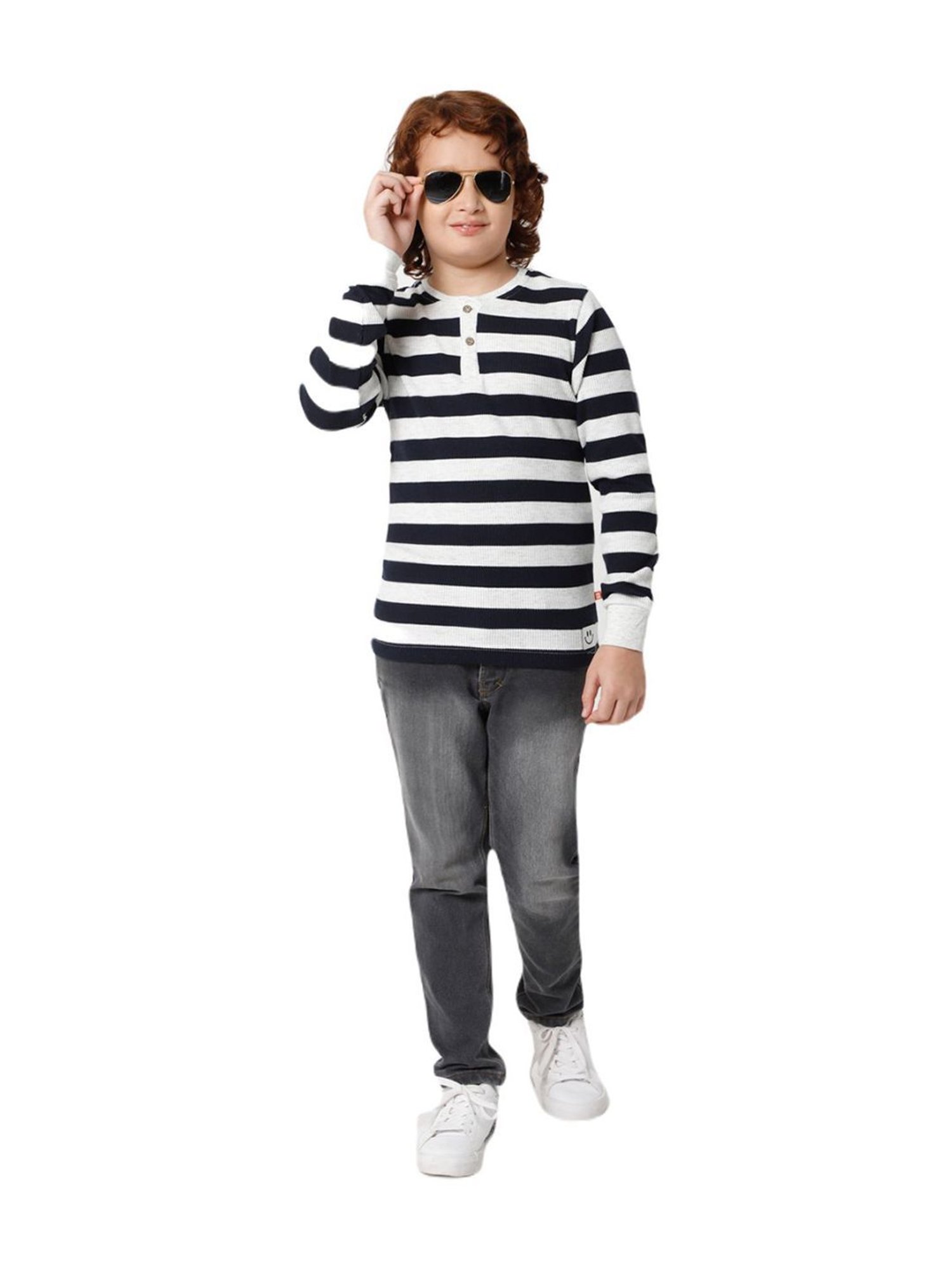 Proteens Kids Navy & White Striped Full Sleeves T-Shirt