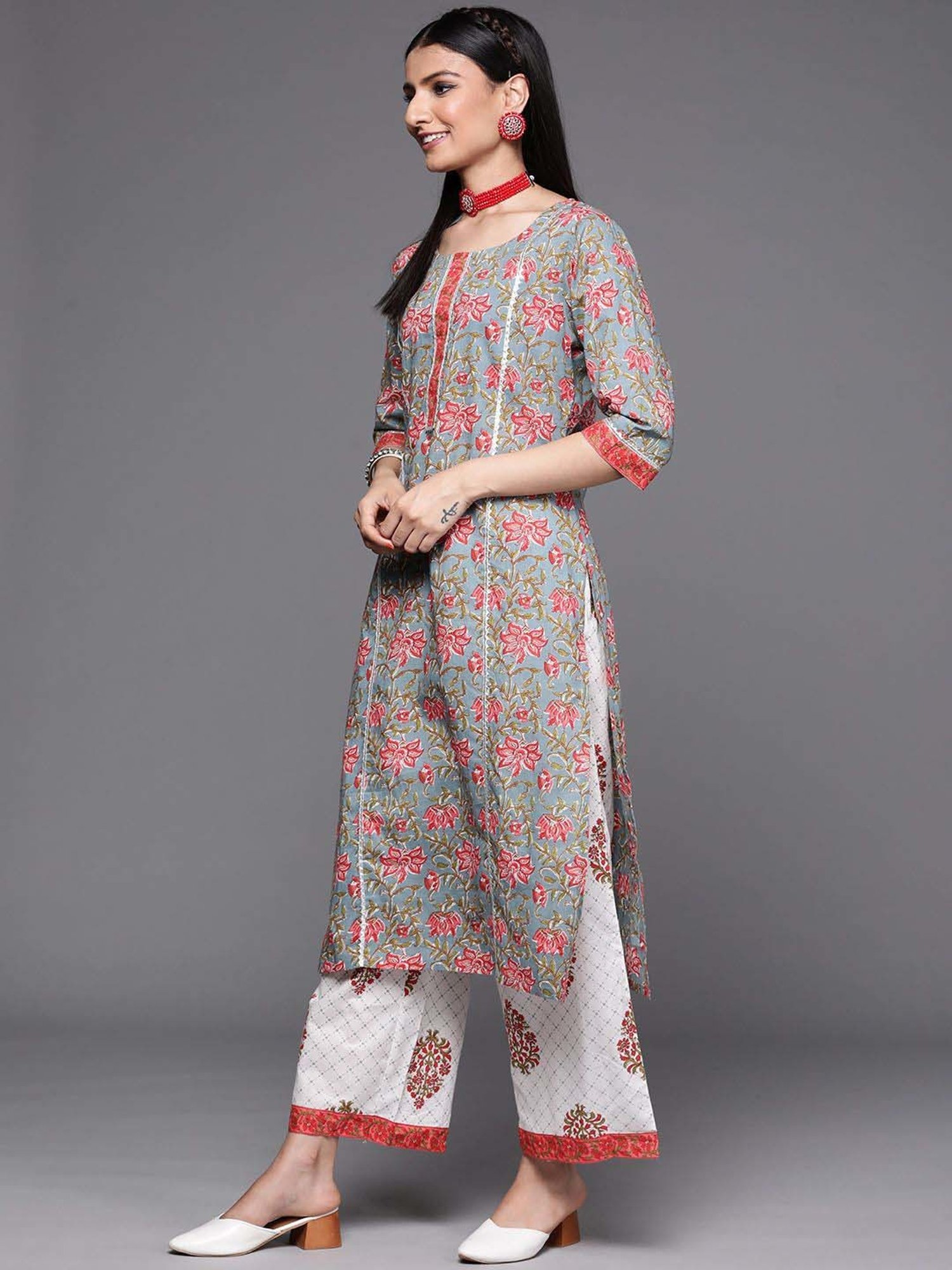 Libas Blue & White Cotton Printed Kurta Palazzo Set With Dupatta