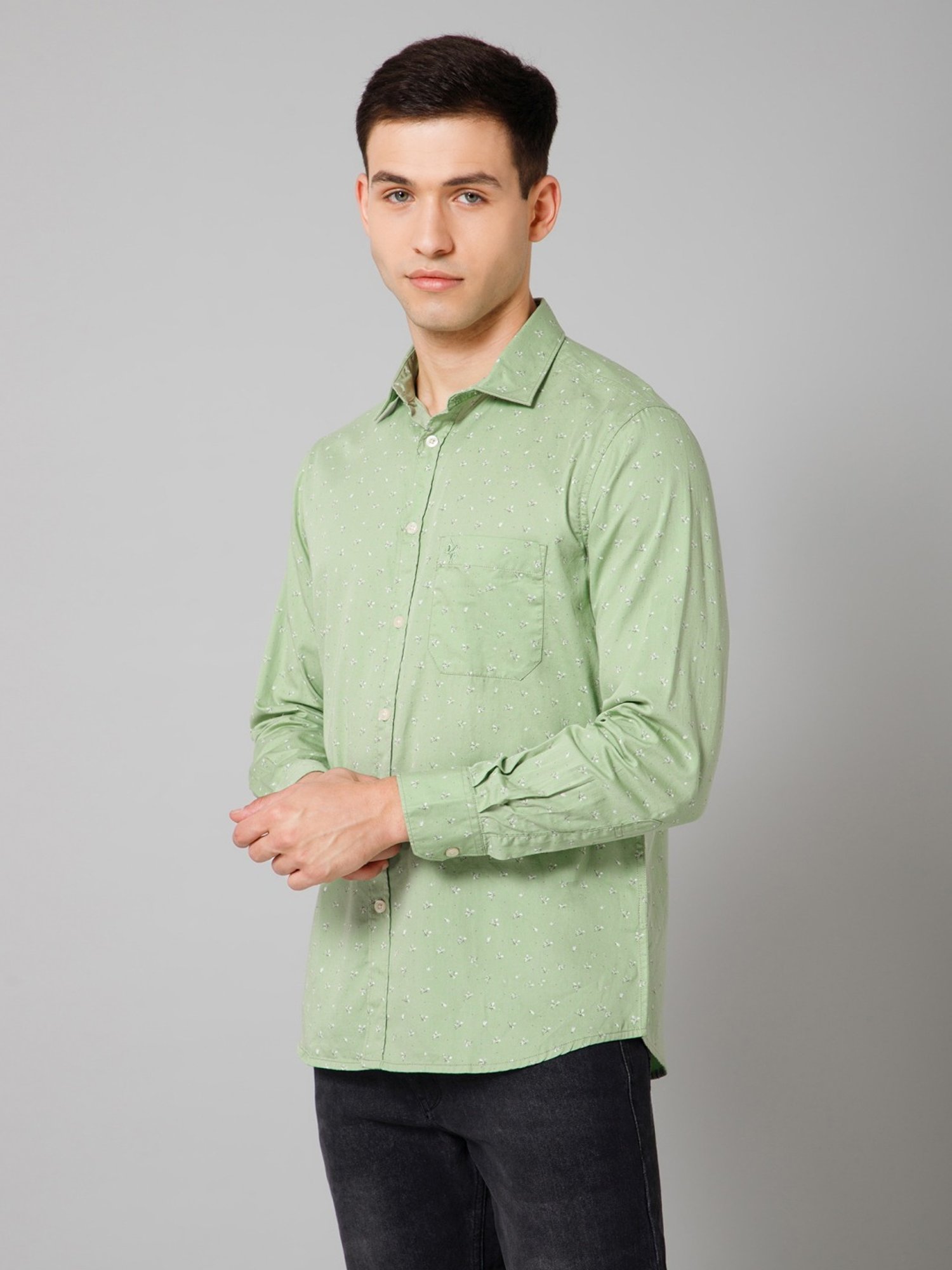 Cantabil Green Cotton Regular Fit Printed Shirt