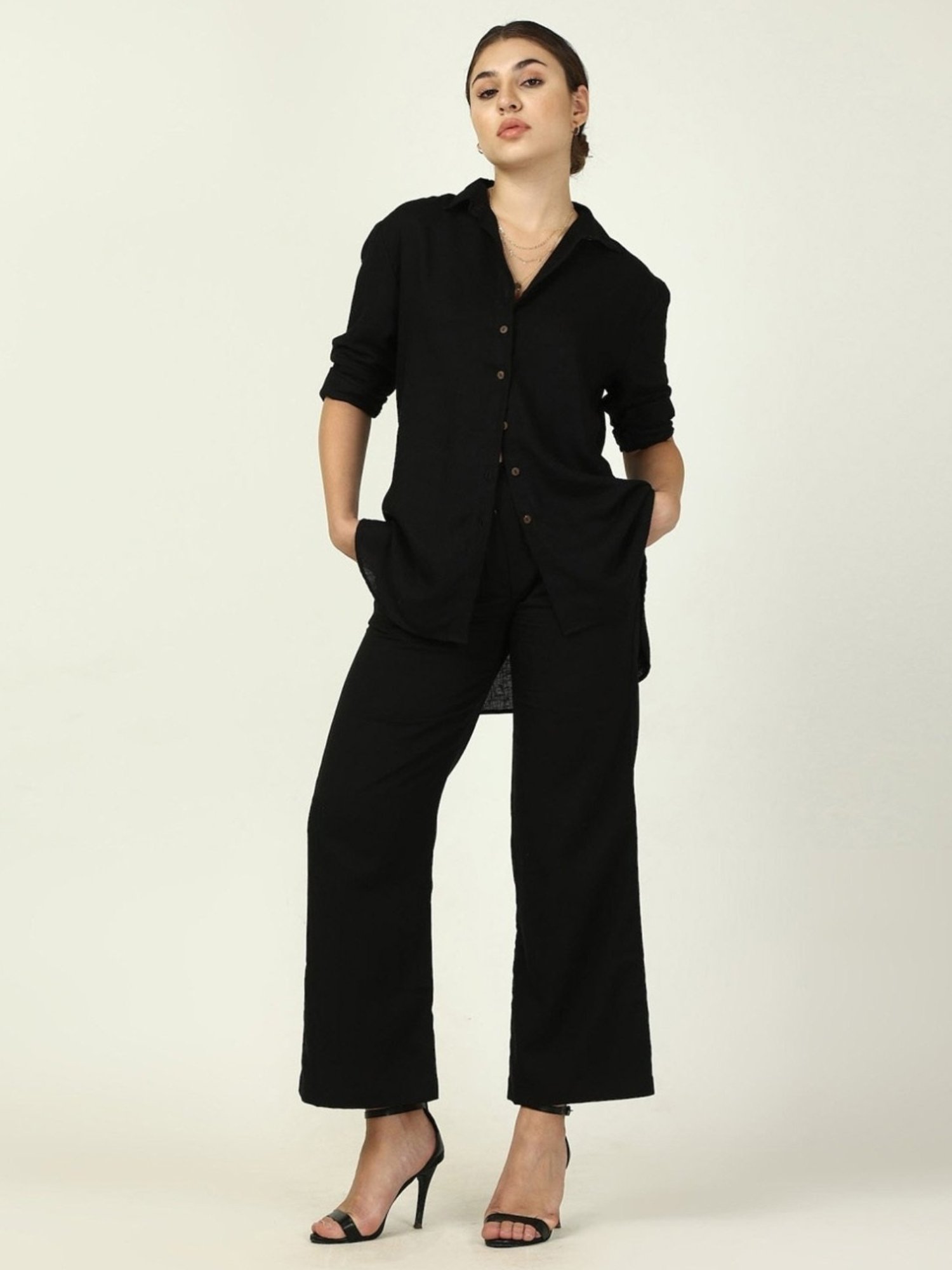 Saltpetre Elegant LInen Black Shirt with Trousers Co-ord Set
