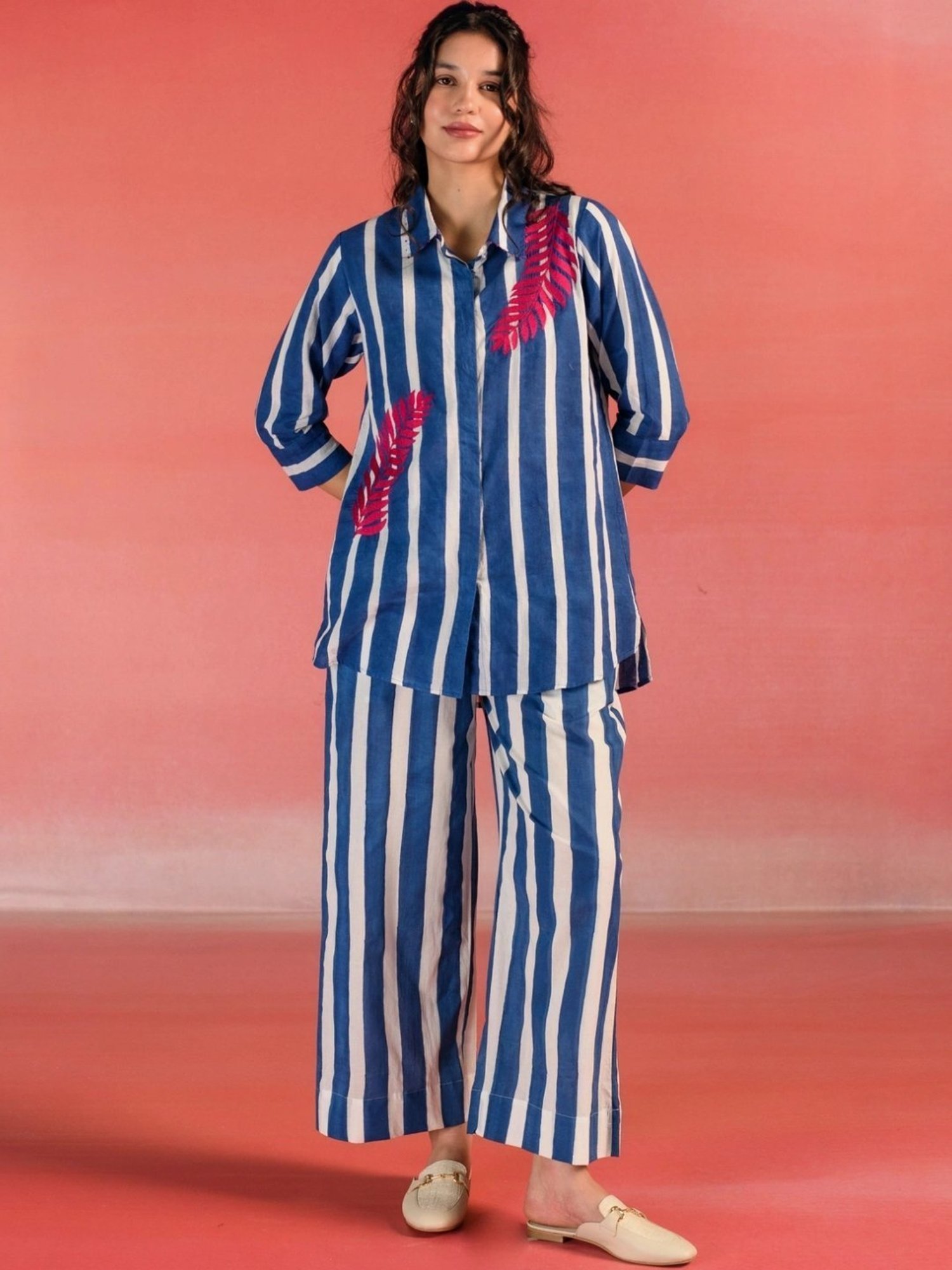 Kameez by Pooja Blue & White Stripes Cotton Shirt with Pant Co-ord Set