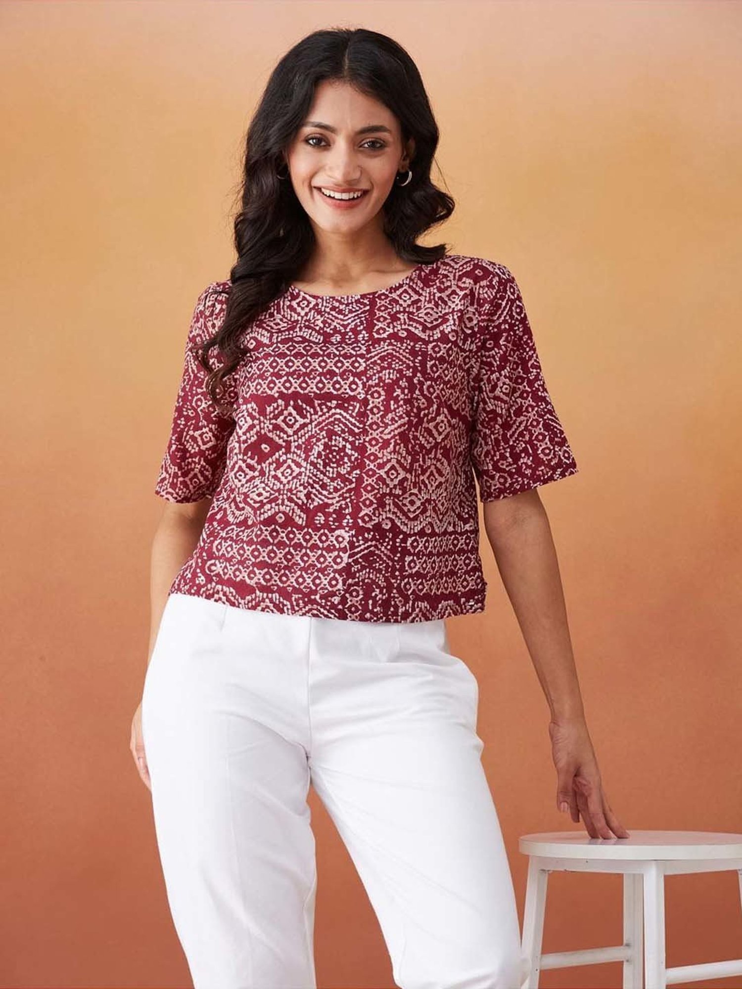Fabindia Red Cotton Printed Top