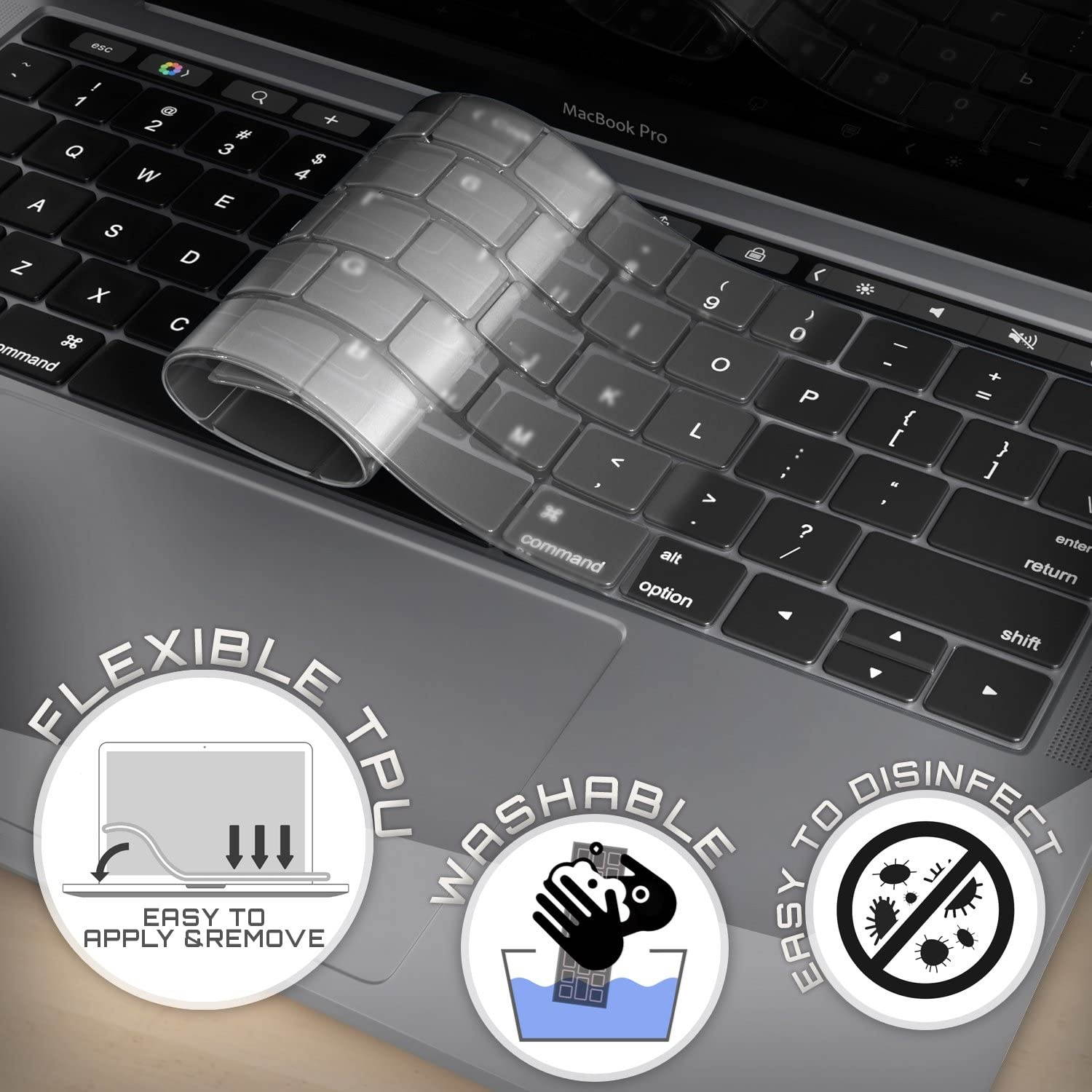 Kuzy MacBook Pro Keyboard Cover with Touch Bar 13 and 15 inch Premium Ultra Thin TPU 2019 2018 2017 2016 Apple Model A2159 A1989 A1990 A1706 A1707 Skin Protector, Clear