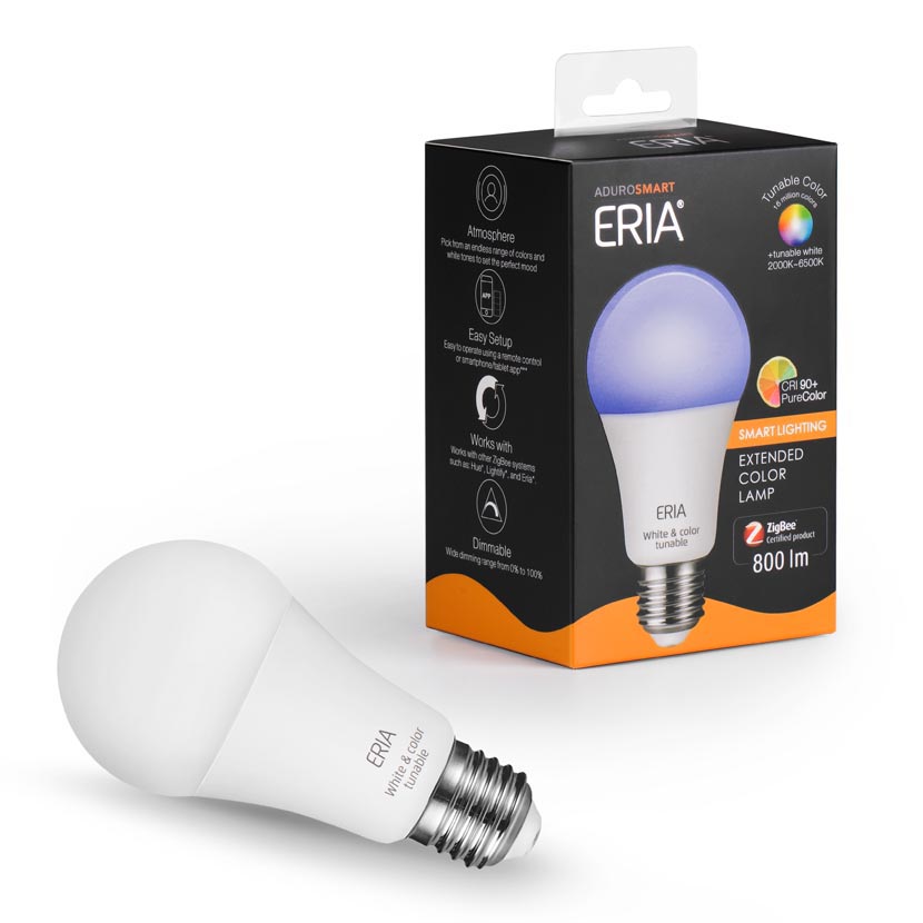 AduroSmart ERIA Colors + White Smart Light Bulb A19 (hub required) 16 Million Colors and Tunable White 2000-6500K Dimmable, works with Alexa/ Echo Plus/ Eria / Hue / Google Assistant
