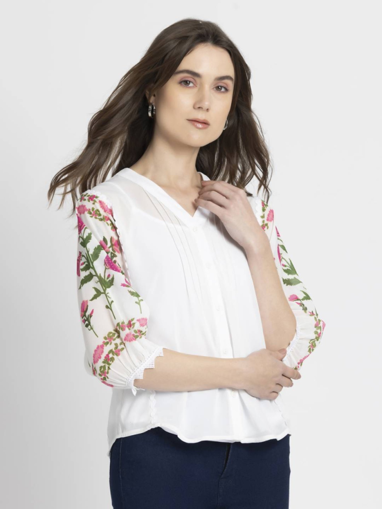 SHAYE White Floral Print Top