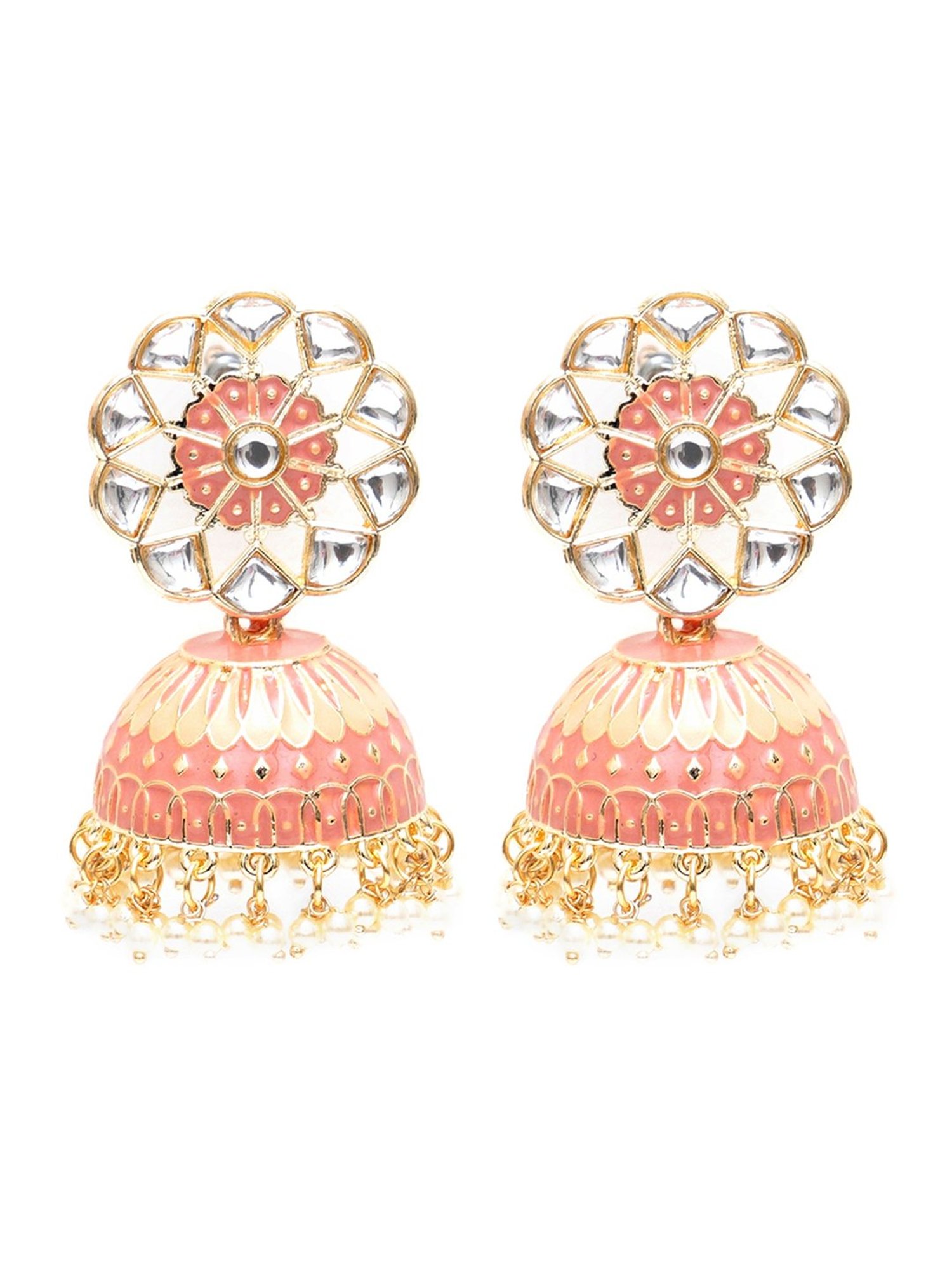 Karatcart Gold-Plated Baby Pink & Cream Meenakari Kundan Studded Floral Jhumki Earrings for Women